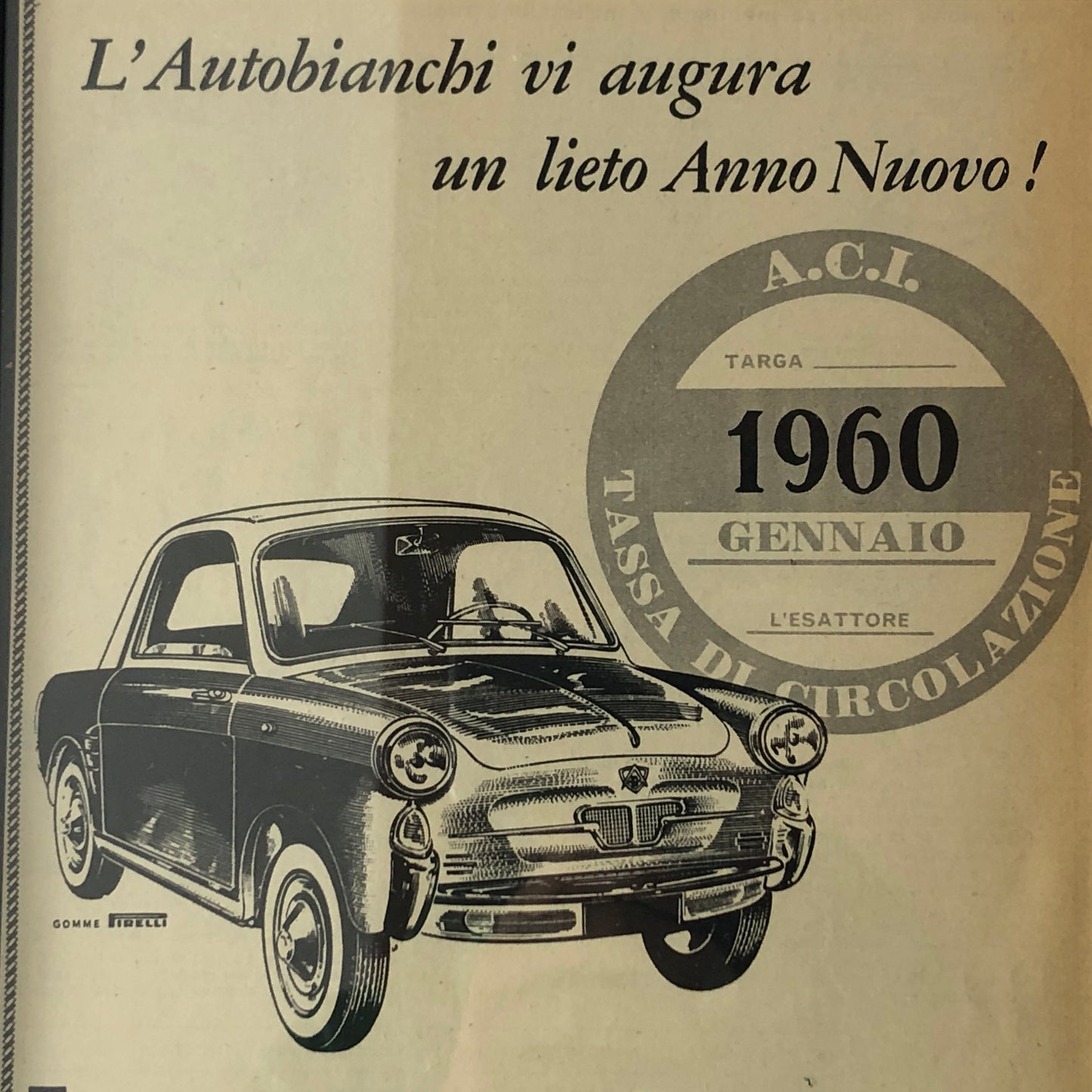 Autobianchi, Pubblicità Lieto Anno Nuovo 1960 Autobianchi Bianchina - Raggi's Collectibles' Automotive Art