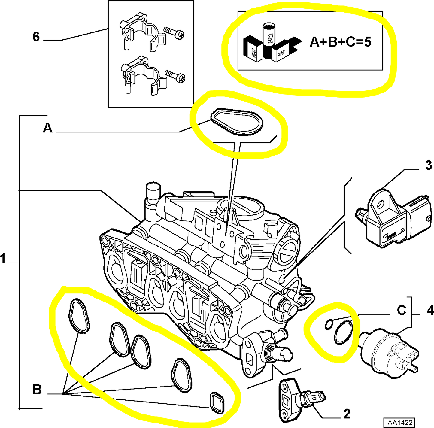 Lancia Y and Ypsilon Intake Manifold Seal Gasket Kit New Original 71716684 77363295