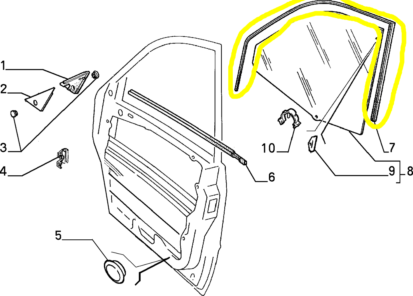 Lancia Delta and Dedra Front Right Window Seal Gasket New Original 82456994 82430205