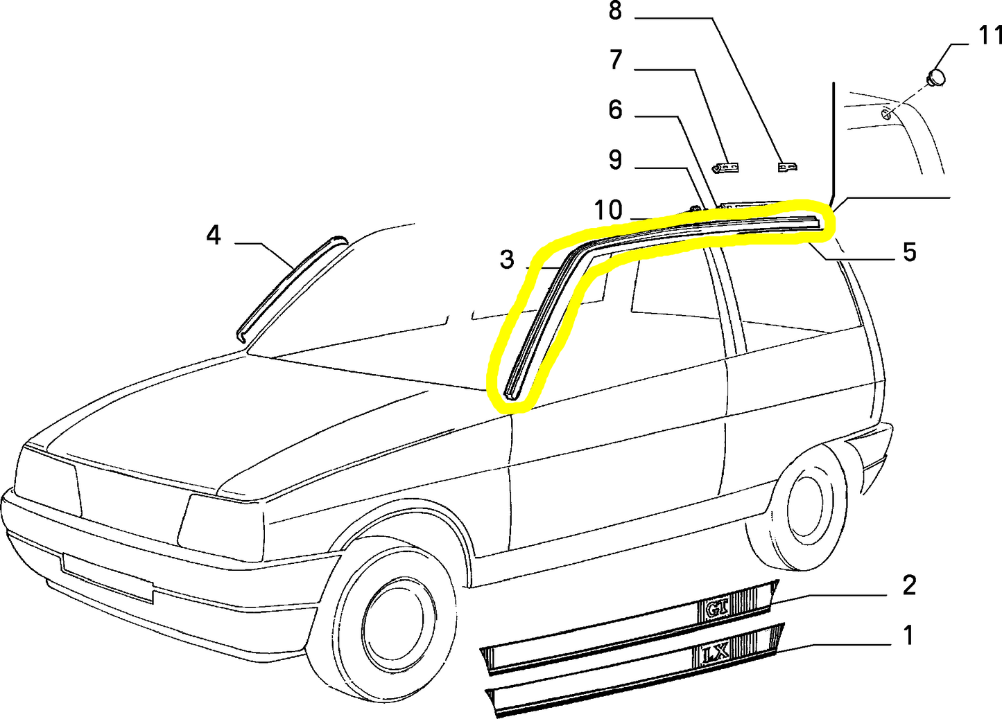 Autobianchi Y10 Left Windshield Pillar Door and Rear Window Seal Gasket New Original 7570106