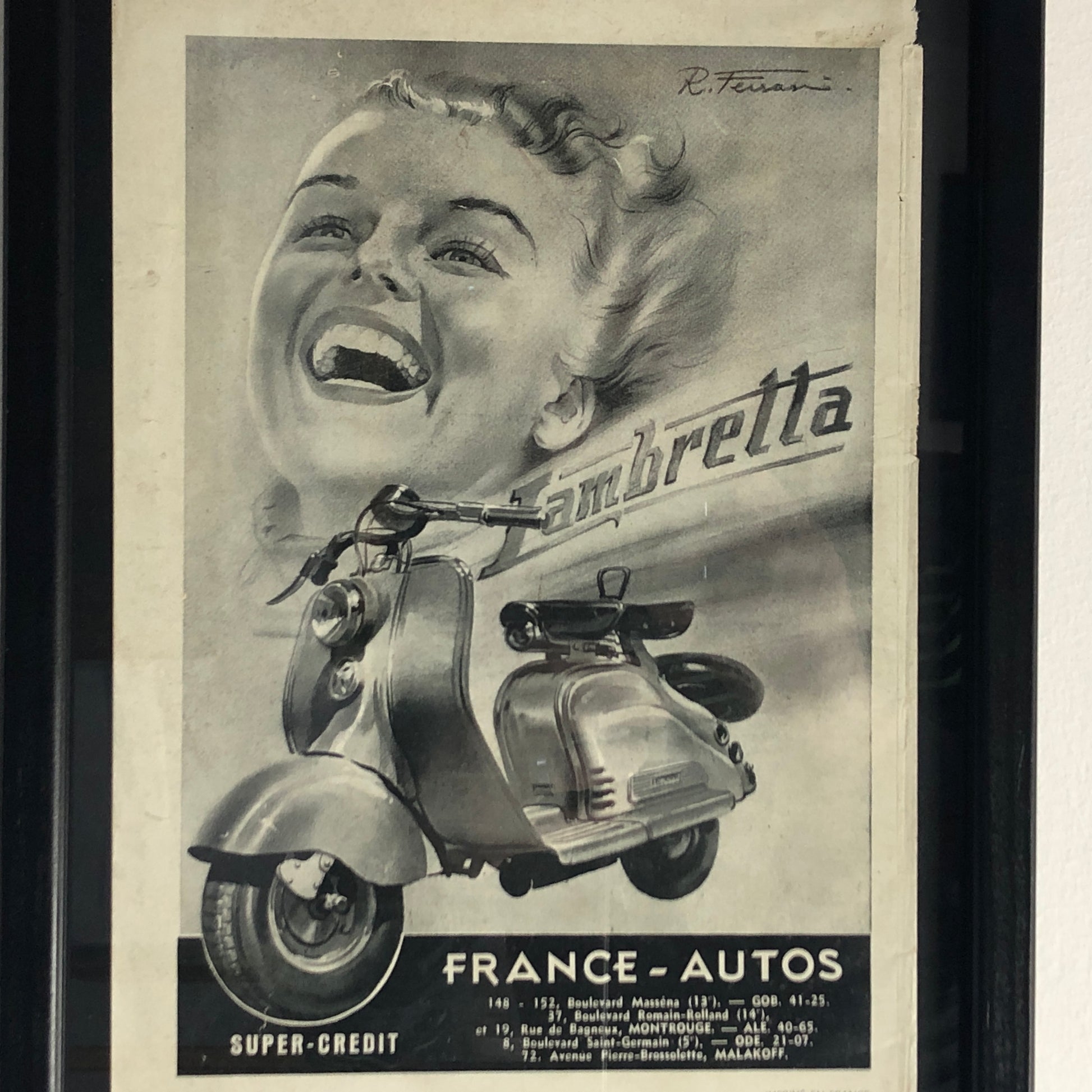 Lambretta, Pubblicità Anno 1954 Disegnata da Rino Ferrari per Lambretta con Didascalia in Francese - Raggi's Collectibles' Automotive Art