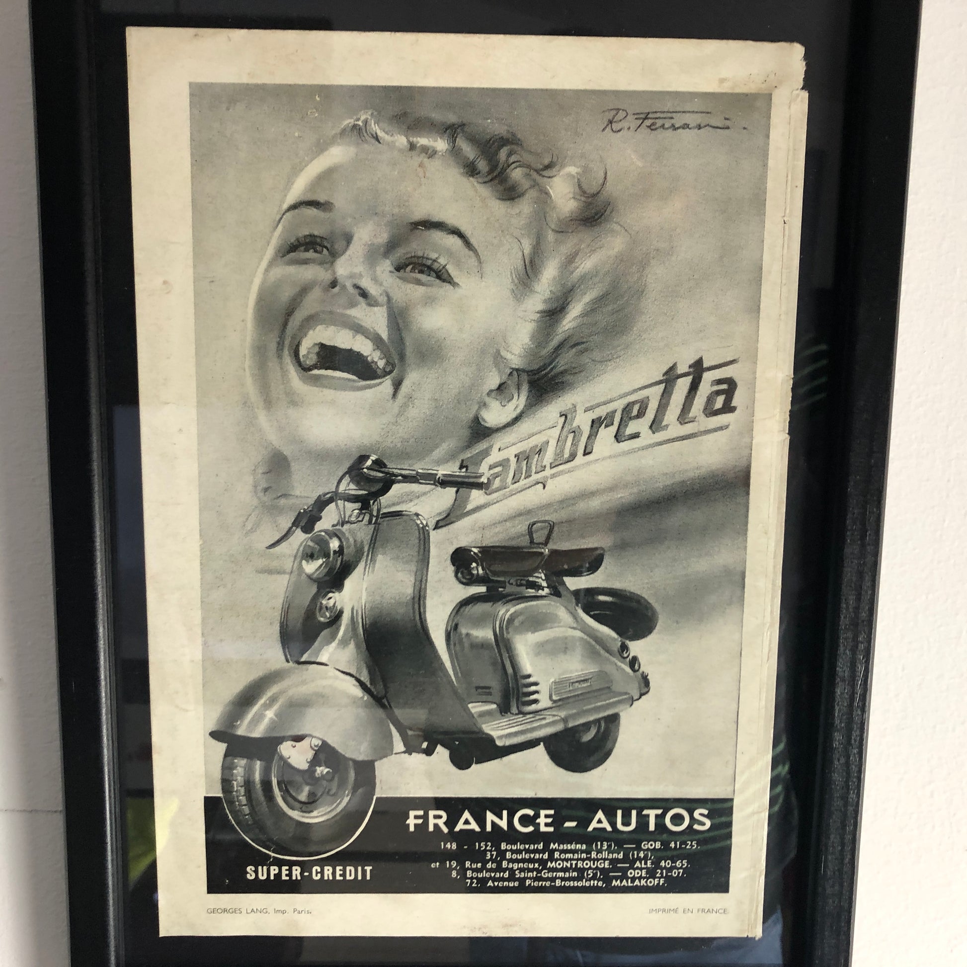 Lambretta, Pubblicità Anno 1954 Disegnata da Rino Ferrari per Lambretta con Didascalia in Francese - Raggi's Collectibles' Automotive Art