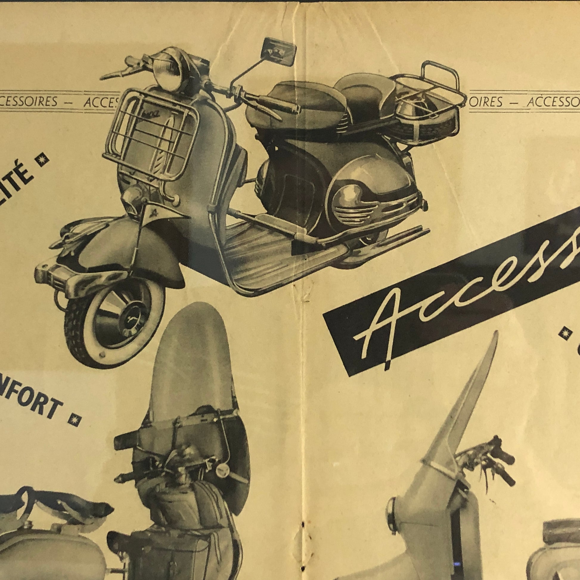 Piaggio, Pubblicità Anno 1954 per Accessori Vespa con Didascalia in Francese - Raggi's Collectibles' Automotive Art