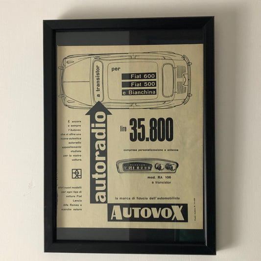 Autovox, Pubblicità Anno 1959 Autovox Autoradio per Fiat 600 Fiat 500 e Bianchina - Raggi's Collectibles' Automotive Art