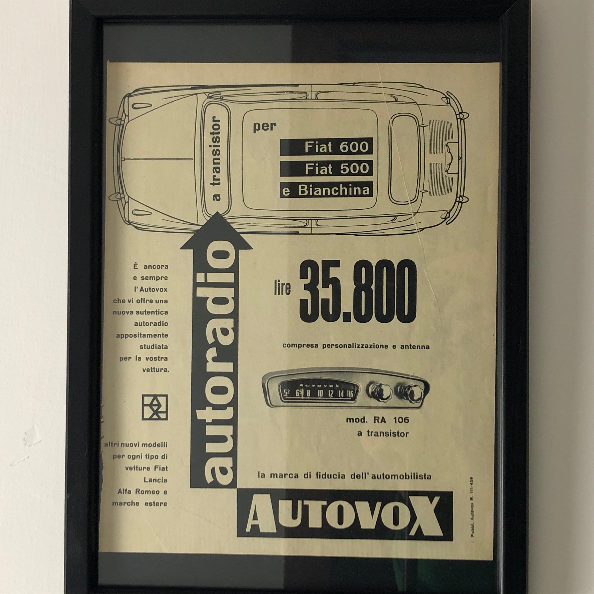 Autovox, Pubblicità Anno 1959 Autovox Autoradio per Fiat 600 Fiat 500 e Bianchina - Raggi's Collectibles' Automotive Art