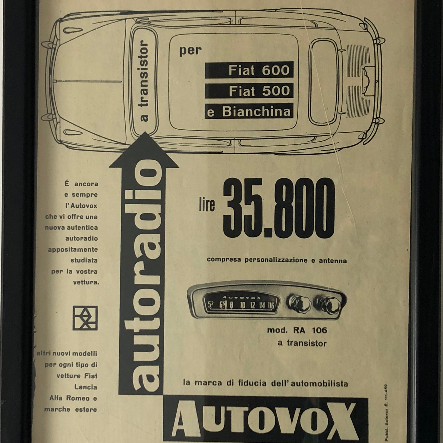 Autovox, 1959 Autovox Car Radio Advertising for Fiat 600 Fiat 500 and Bianchina