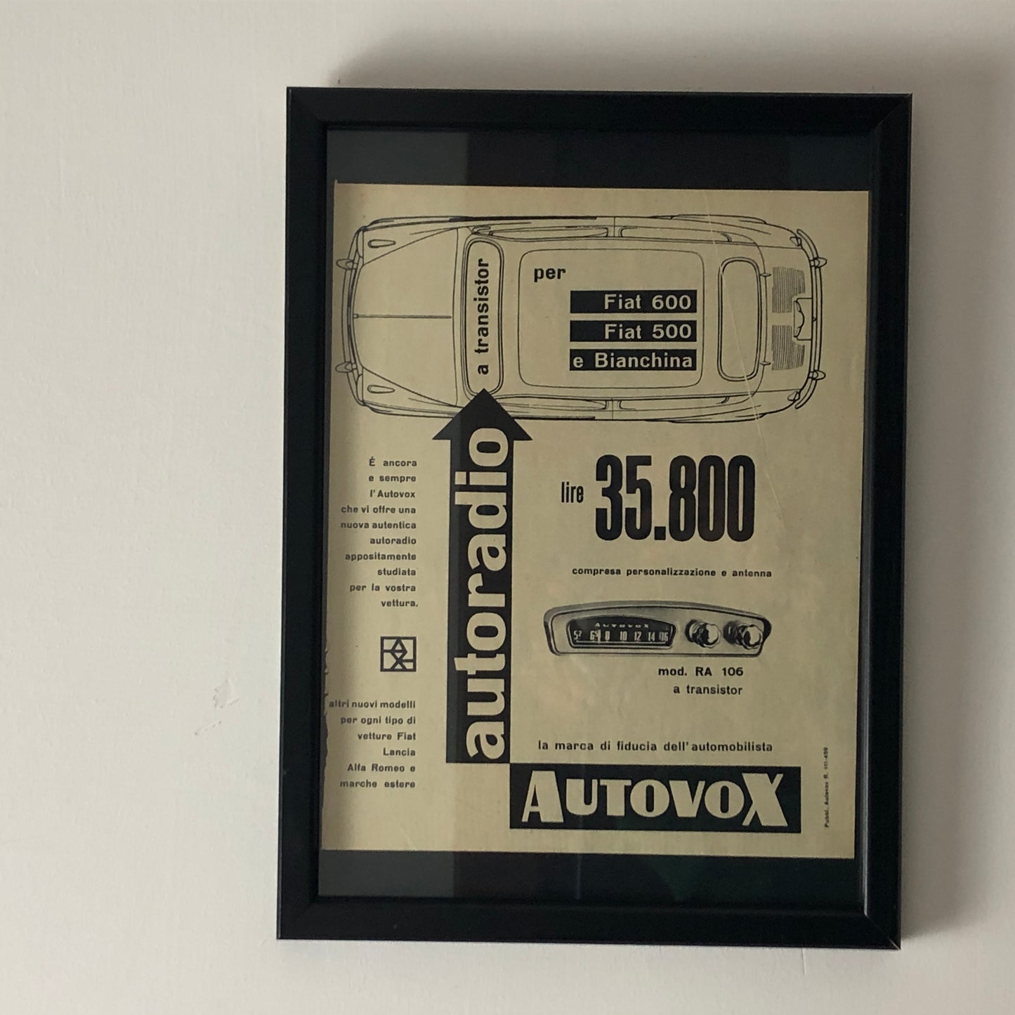 Autovox, Pubblicità Anno 1959 Autovox Autoradio per Fiat 600 Fiat 500 e Bianchina