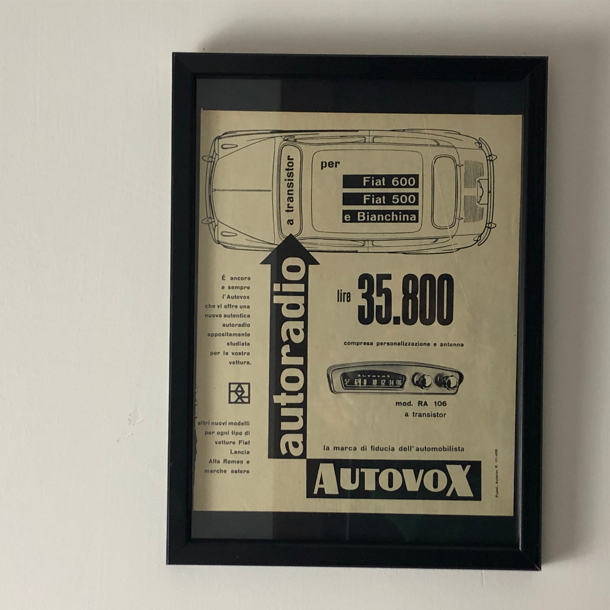 Autovox, Pubblicità Anno 1959 Autovox Autoradio per Fiat 600 Fiat 500 e Bianchina - Raggi's Collectibles' Automotive Art