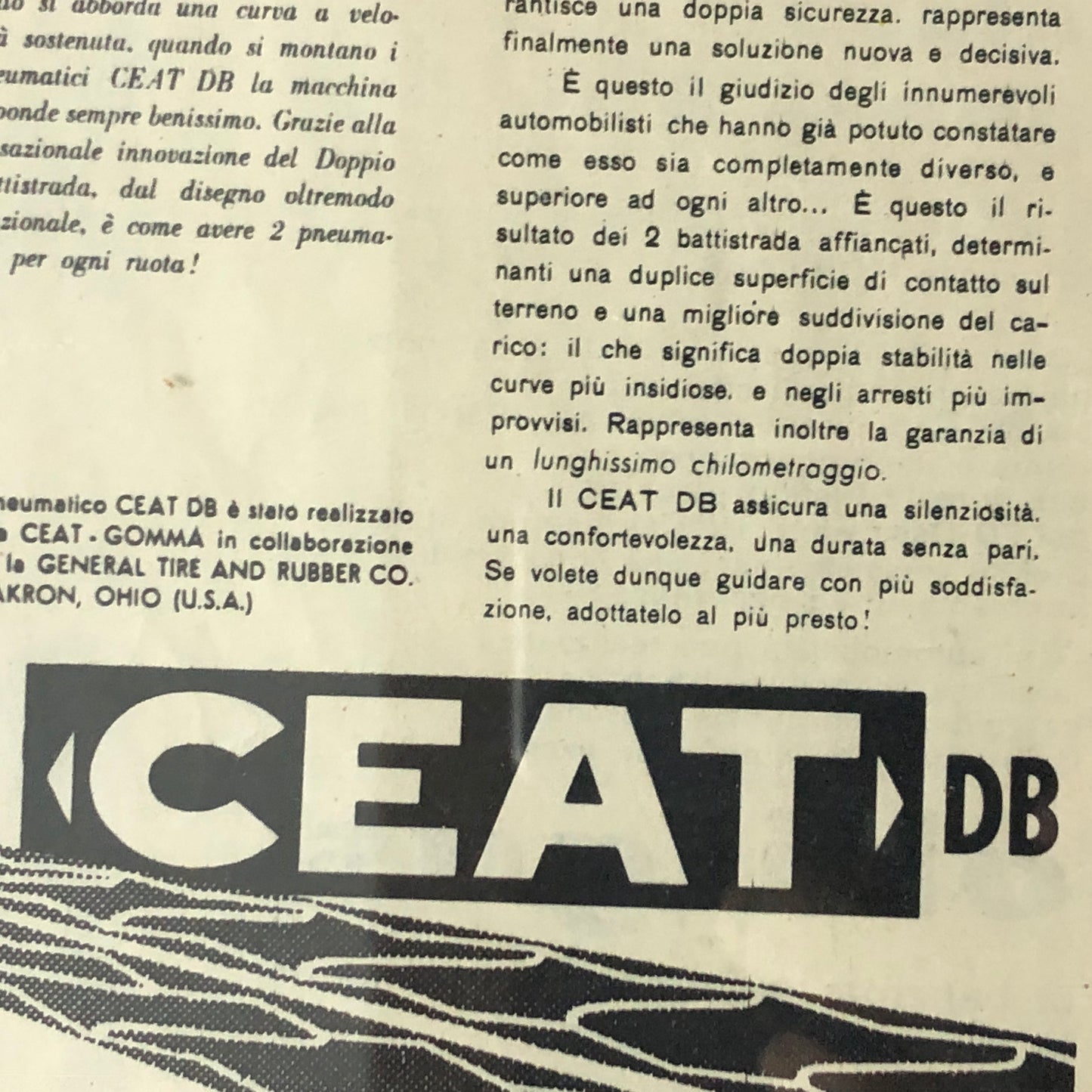 CEAT, Pubblicità Anno 1959 CEAT Pneumatici DB con Didascalia in Italiano