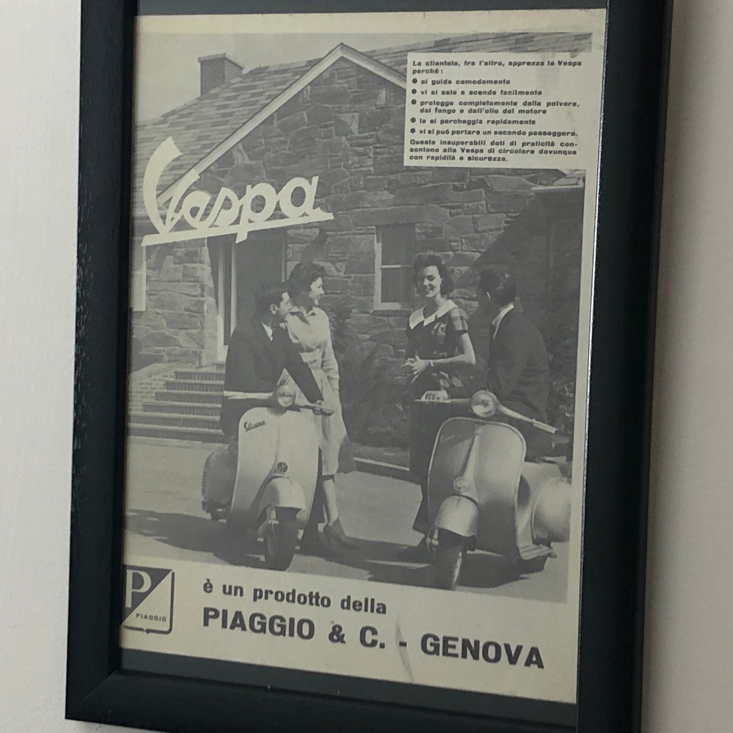 Piaggio, Pubblicità Anno 1960 Piaggio Vespa con Didascalia in Italiano - Raggi's Collectibles' Automotive Art