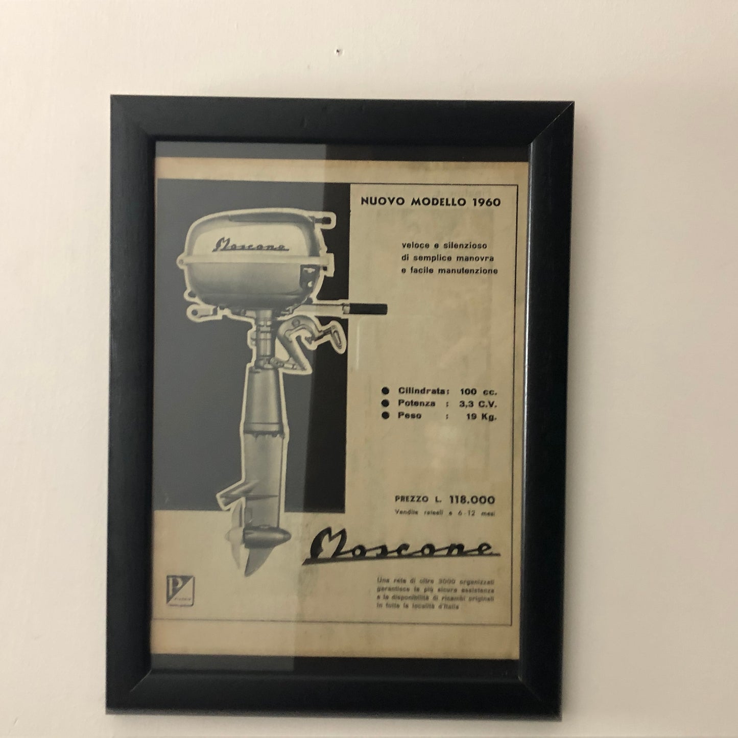 Piaggio, Advertisement Year 1960 Piaggio Moscone Marine Engine with Caption in Italian