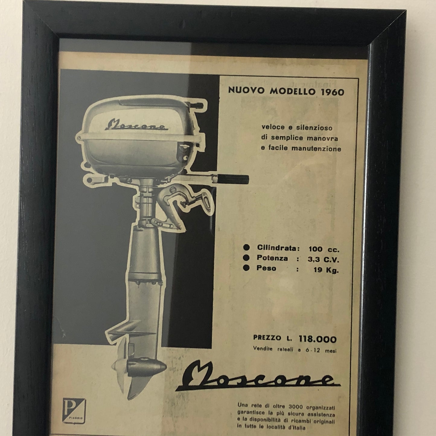 Piaggio, Pubblicità Anno 1960 Motore Marino Piaggio Moscone con Didascalia in Italiano