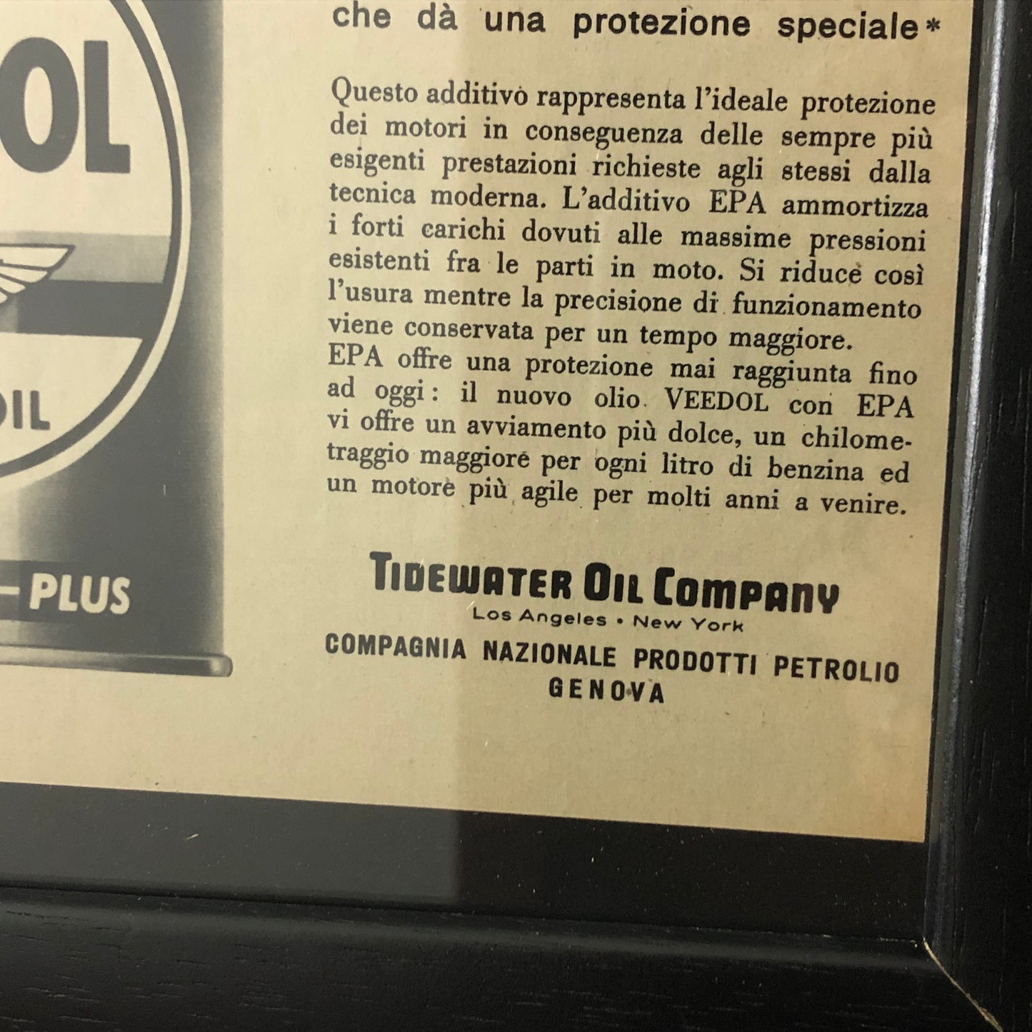 Veedol Motor Oil, Pubblicità Anno 1959 Veedol Motor Oil con Didascalia in Italiano