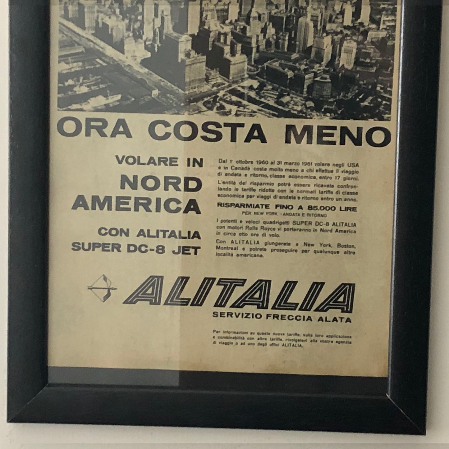 Alitalia, Pubblicità Anno 1960 Alitalia Volare in Nord America con Didascalia in Italiano.