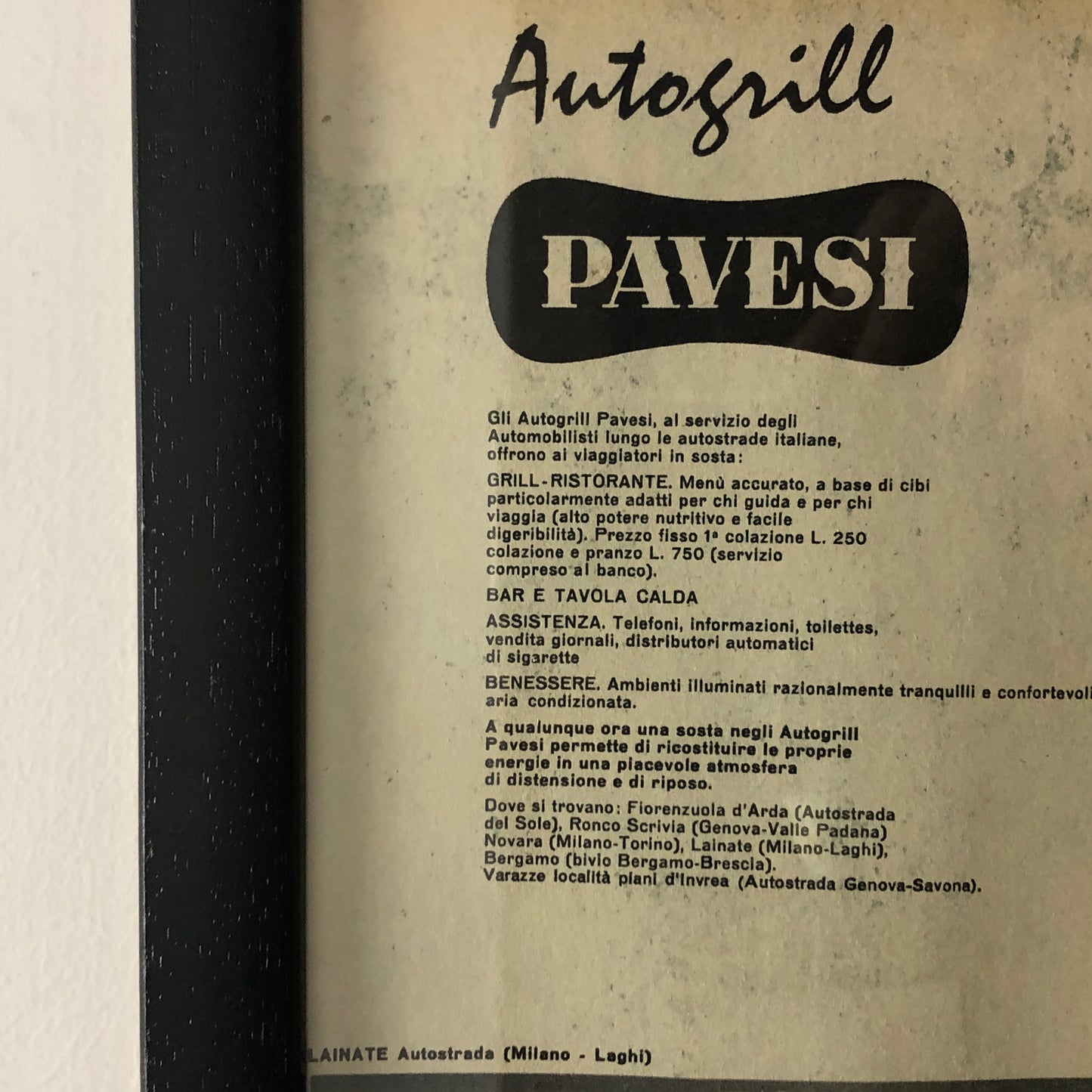 Autogrill Pavesi, Advertising Year 1960 Autogrill Pavesi Ronco Scrivia and Lainate with Caption in Italian