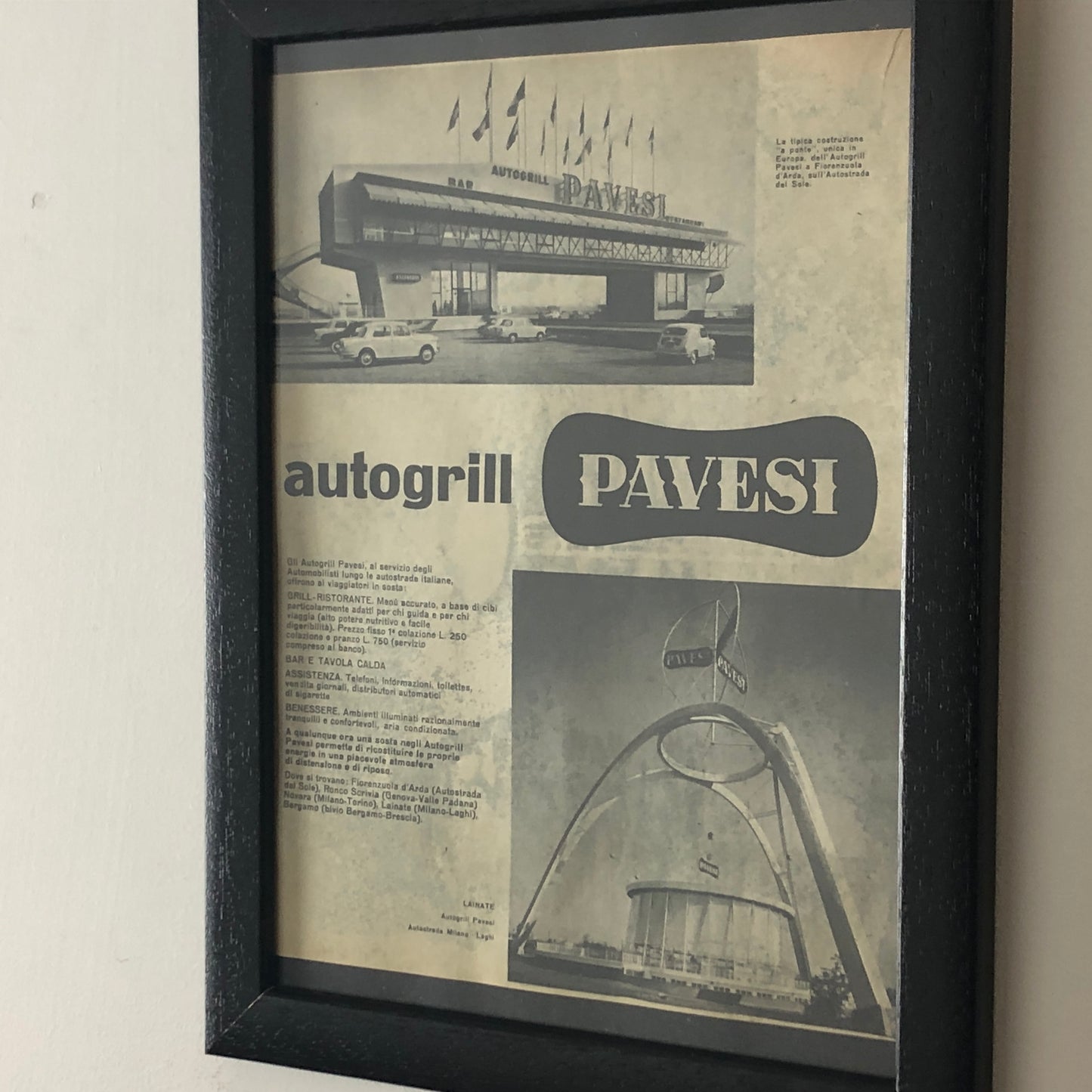 Autogrill Pavesi, Advertising Year 1960 Autogrill Pavesi Ronco Scrivia and Lainate with Caption in Italian