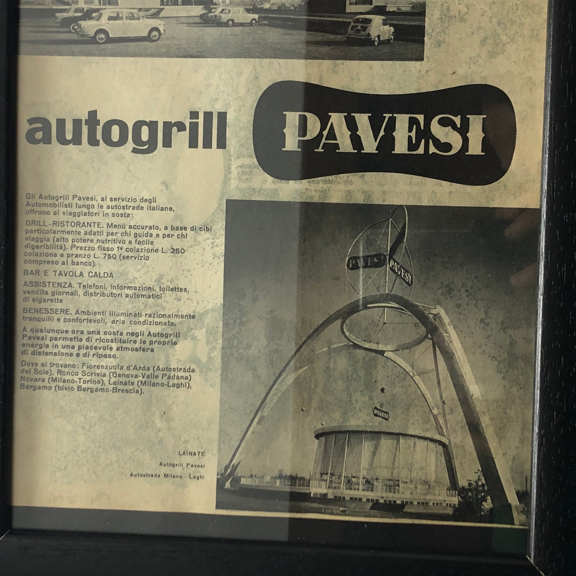 Autogrill Pavesi, Pubblicità Anno 1960 Autogrill Pavesi Ronco Scrivia e Lainate con Didascalia in Italiano - Raggi's Collectibles' Automotive Art