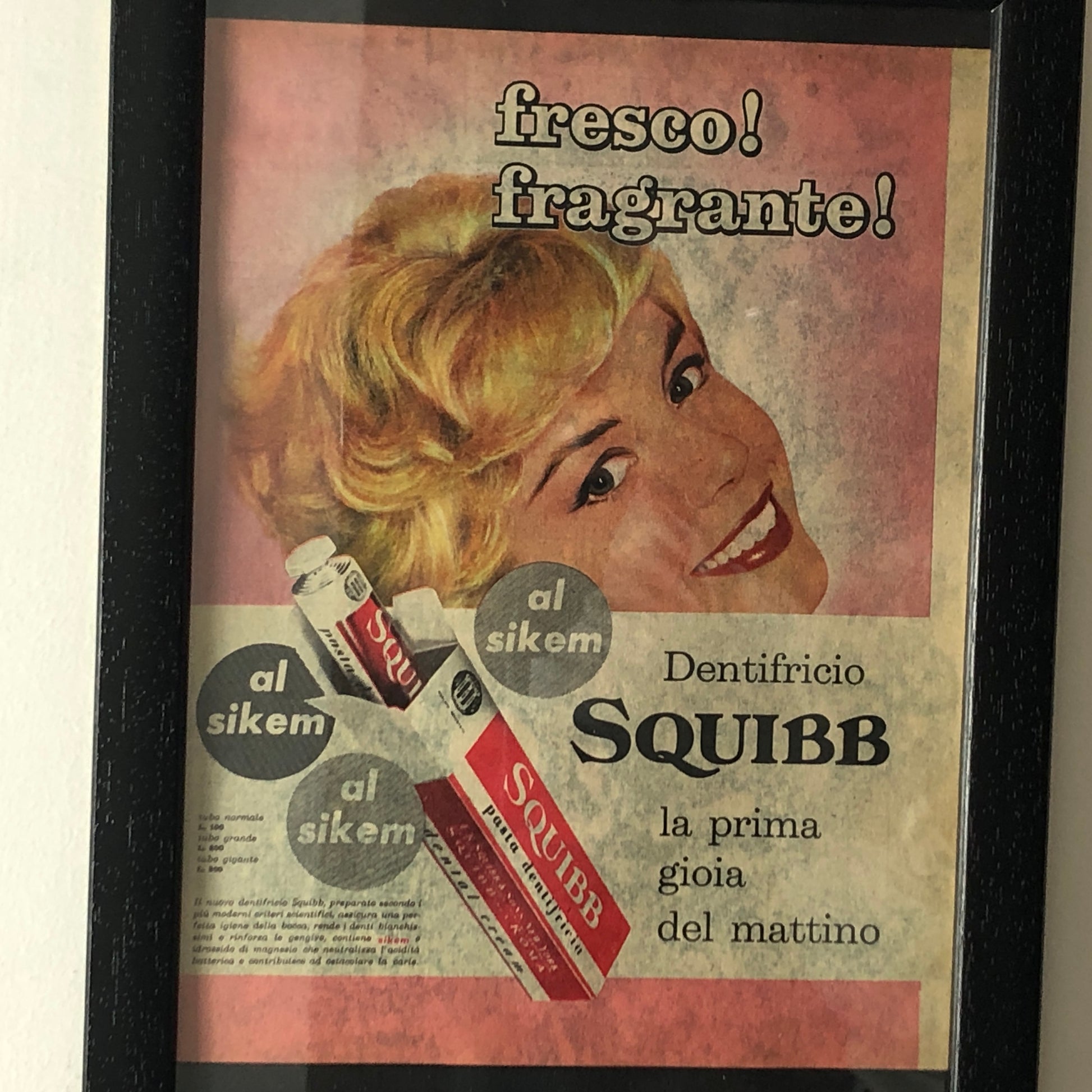 Squibb, Pubblicità Anno 1960 Dentifricio Squibb con Listino Prezzi e Didascalia in Italiano - Raggi's Collectibles' Automotive Art