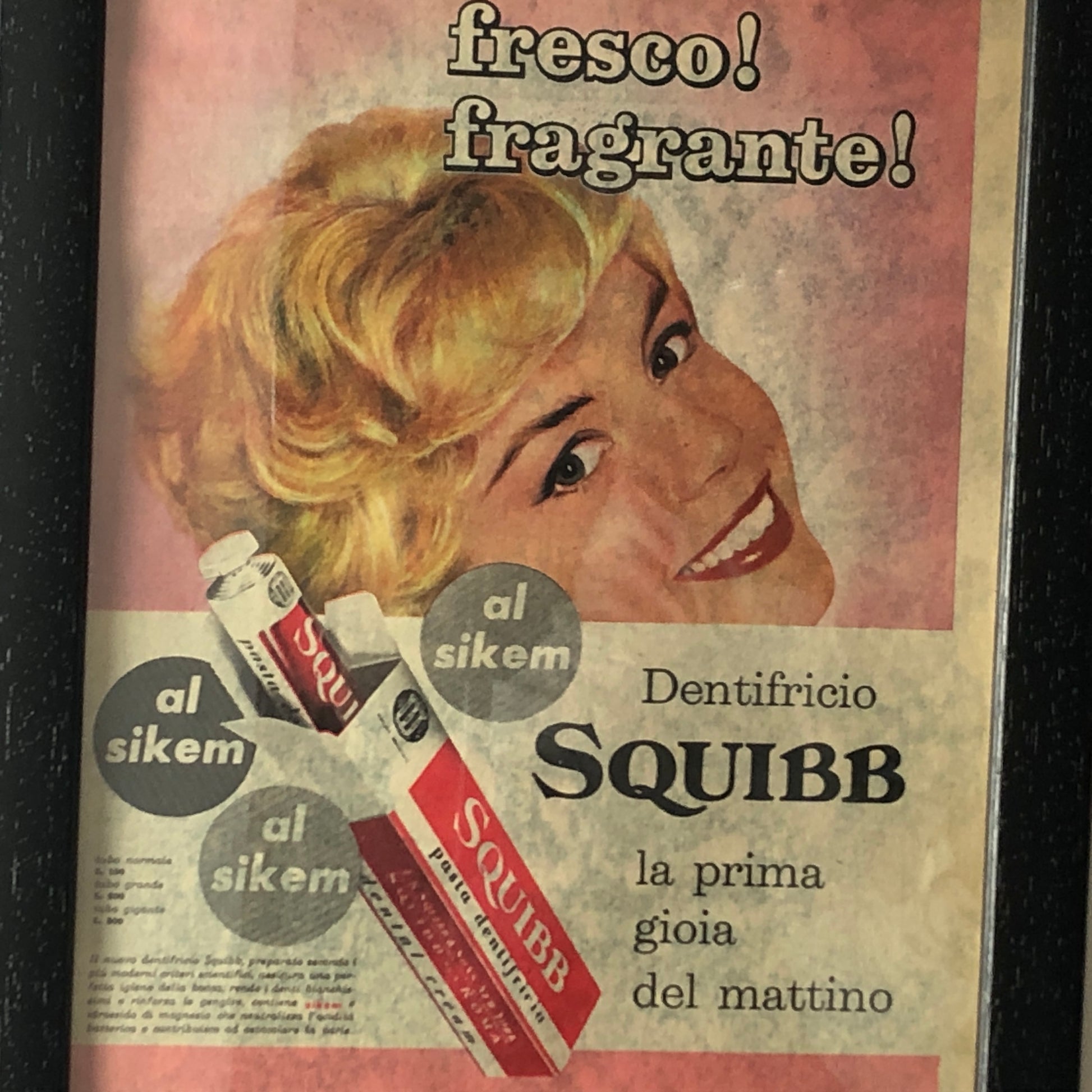 Squibb, Pubblicità Anno 1960 Dentifricio Squibb con Listino Prezzi e Didascalia in Italiano - Raggi's Collectibles' Automotive Art