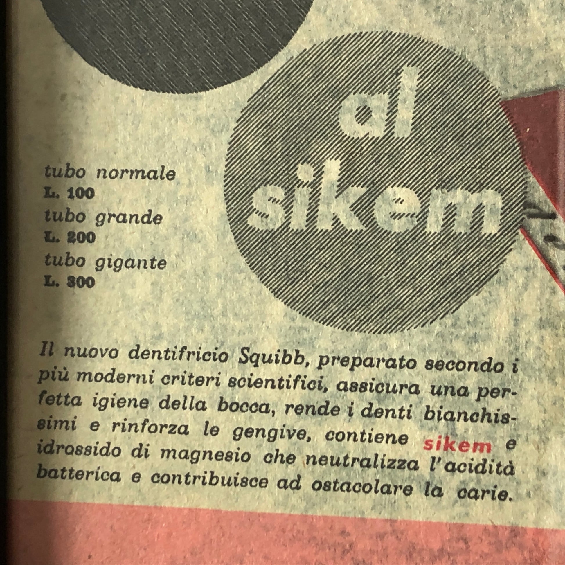 Squibb, Pubblicità Anno 1960 Dentifricio Squibb con Listino Prezzi e Didascalia in Italiano - Raggi's Collectibles' Automotive Art