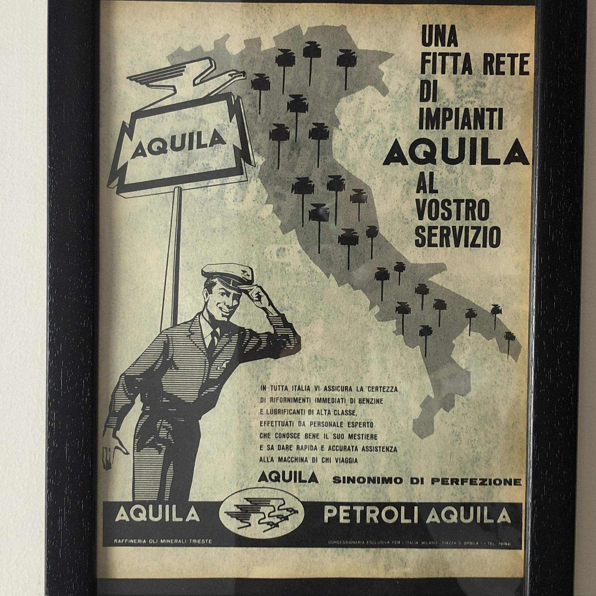 Aquila Raffineria Oli Minerali Trieste, Pubblicità Anno 1960 Rete Impianti Petroli Aquila in Italia - Raggi's Collectibles' Automotive Art