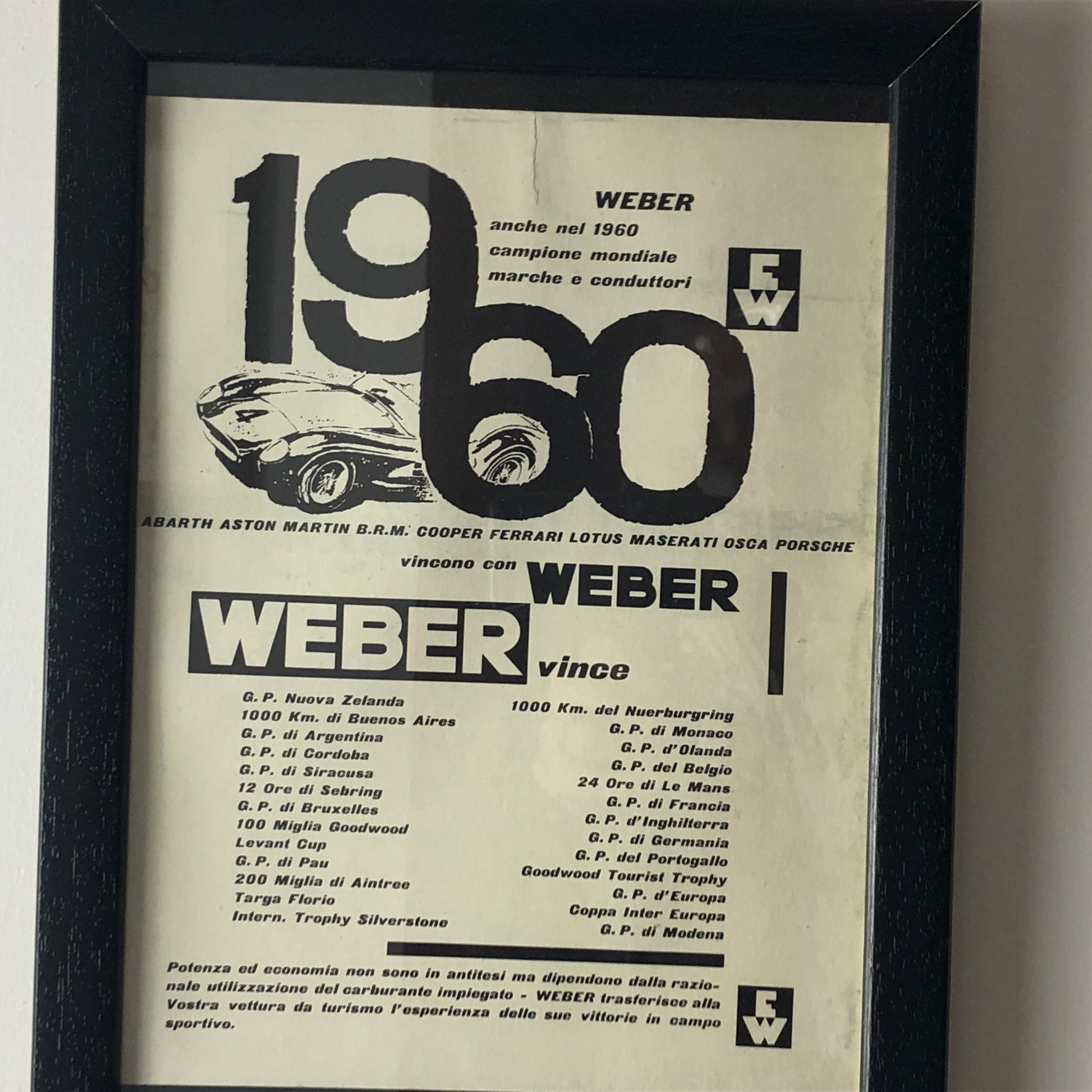 Weber, Pubblicità Anno 1960 Carburatori Weber Campione del Mondo Disegnata da Antonio de Giusti - Raggi's Collectibles' Automotive Art