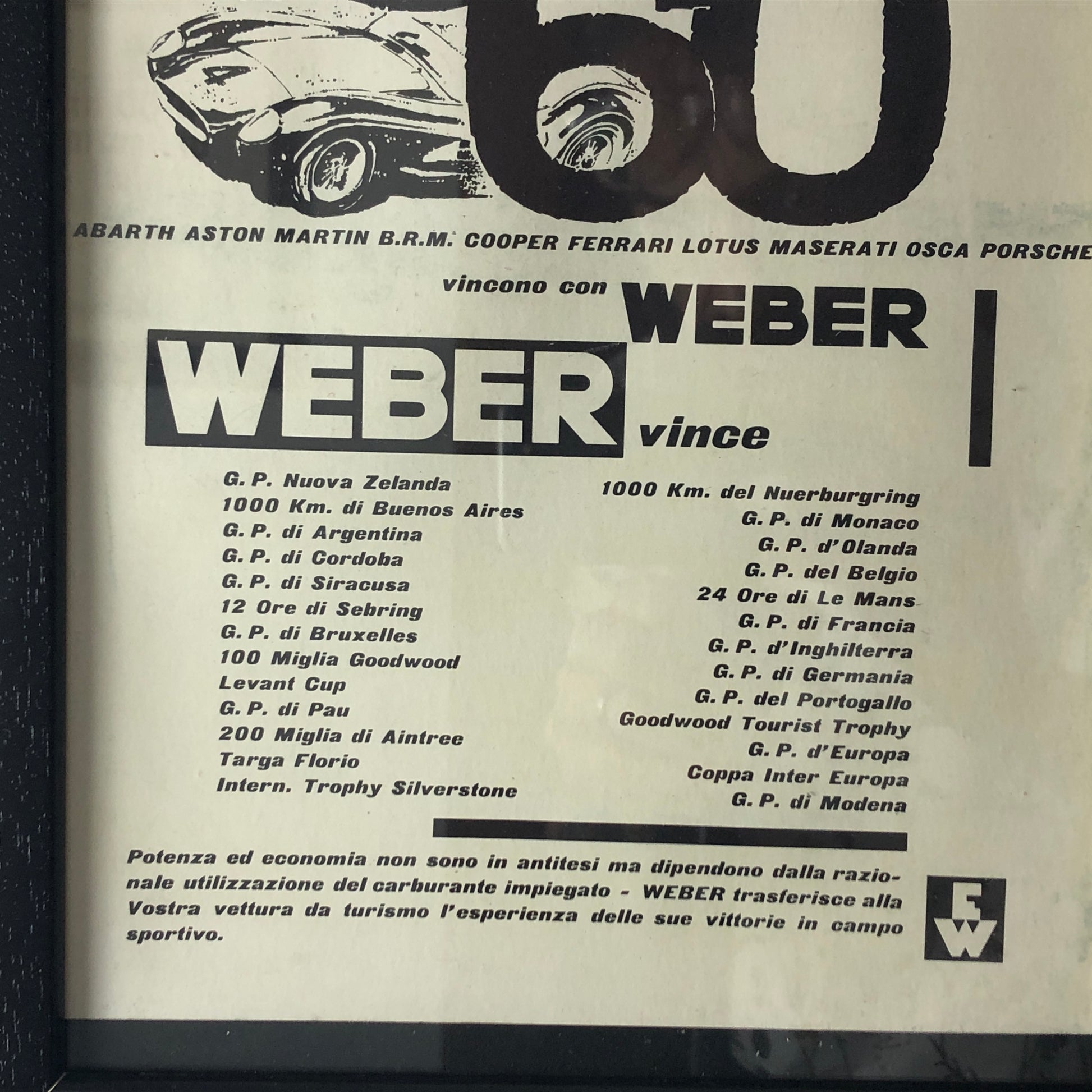 Weber, Pubblicità Anno 1960 Carburatori Weber Campione del Mondo Disegnata da Antonio de Giusti - Raggi's Collectibles' Automotive Art