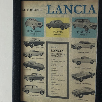 Lancia, Pubblicità Anno 1960 Gamma Lancia ed Elenco Filiali con Officina di Riparazioni - Raggi's Collectibles' Automotive Art