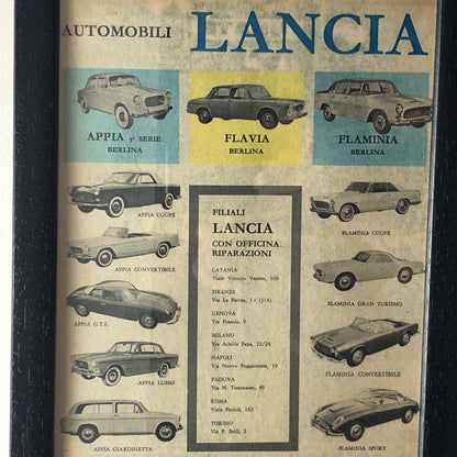 Lancia, Pubblicità Anno 1960 Gamma Lancia ed Elenco Filiali con Officina di Riparazioni - Raggi's Collectibles' Automotive Art