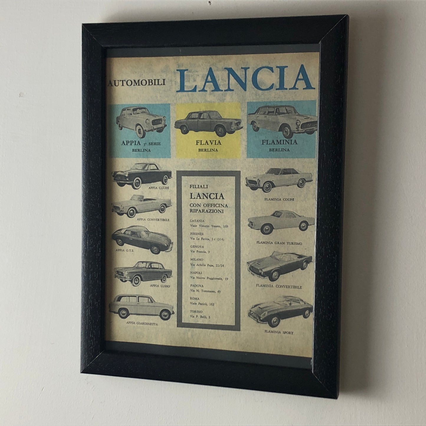 Lancia, Pubblicità Anno 1960 Gamma Lancia ed Elenco Filiali con Officina di Riparazioni