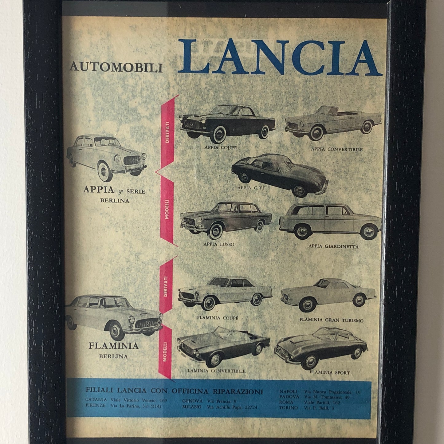 Lancia, Pubblicità Anno 1960 Gamma Lancia con Didascalia in Italiano