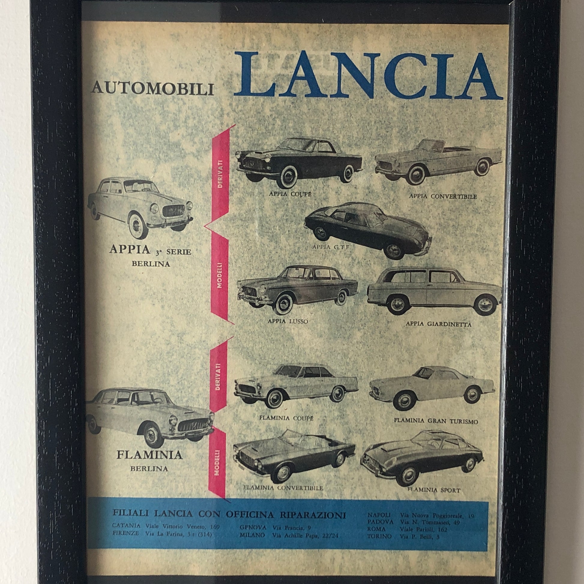 Lancia, Pubblicità Anno 1960 Gamma Lancia con Didascalia in Italiano - Raggi's Collectibles' Automotive Art