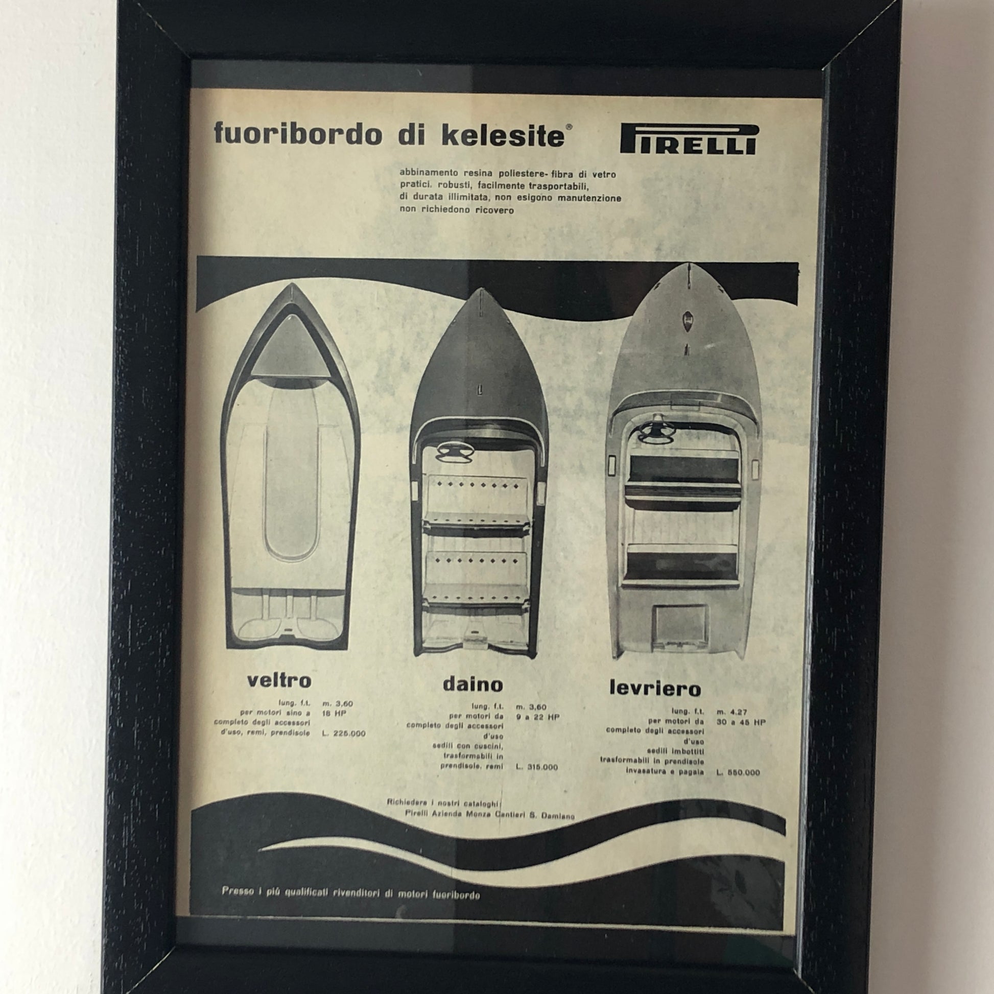 Pirelli, Pubblicità Anno 1960 Gamma Pirelli Fuoribordo di Kelesite con Listino Prezzi - Raggi's Collectibles' Automotive Art