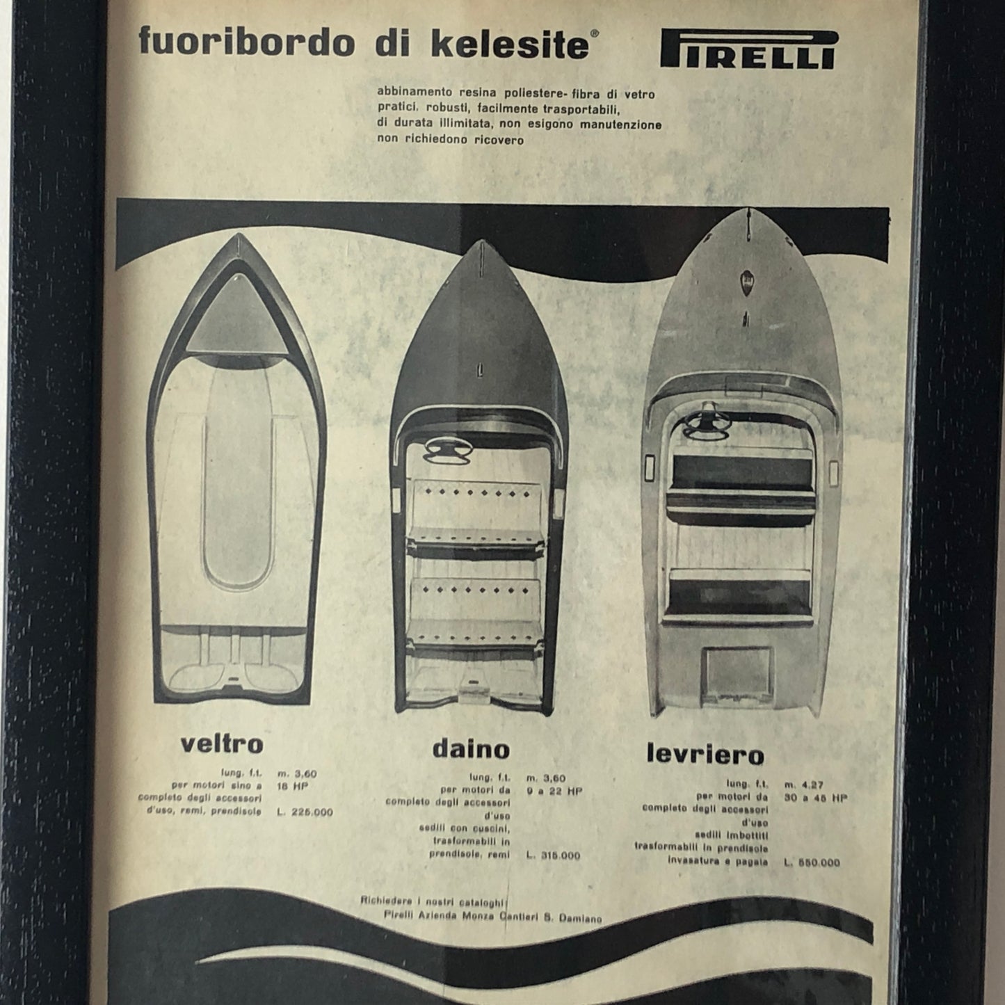 Pirelli, Advertising Year 1960 Pirelli Outboard Range by Kelesite with Price List