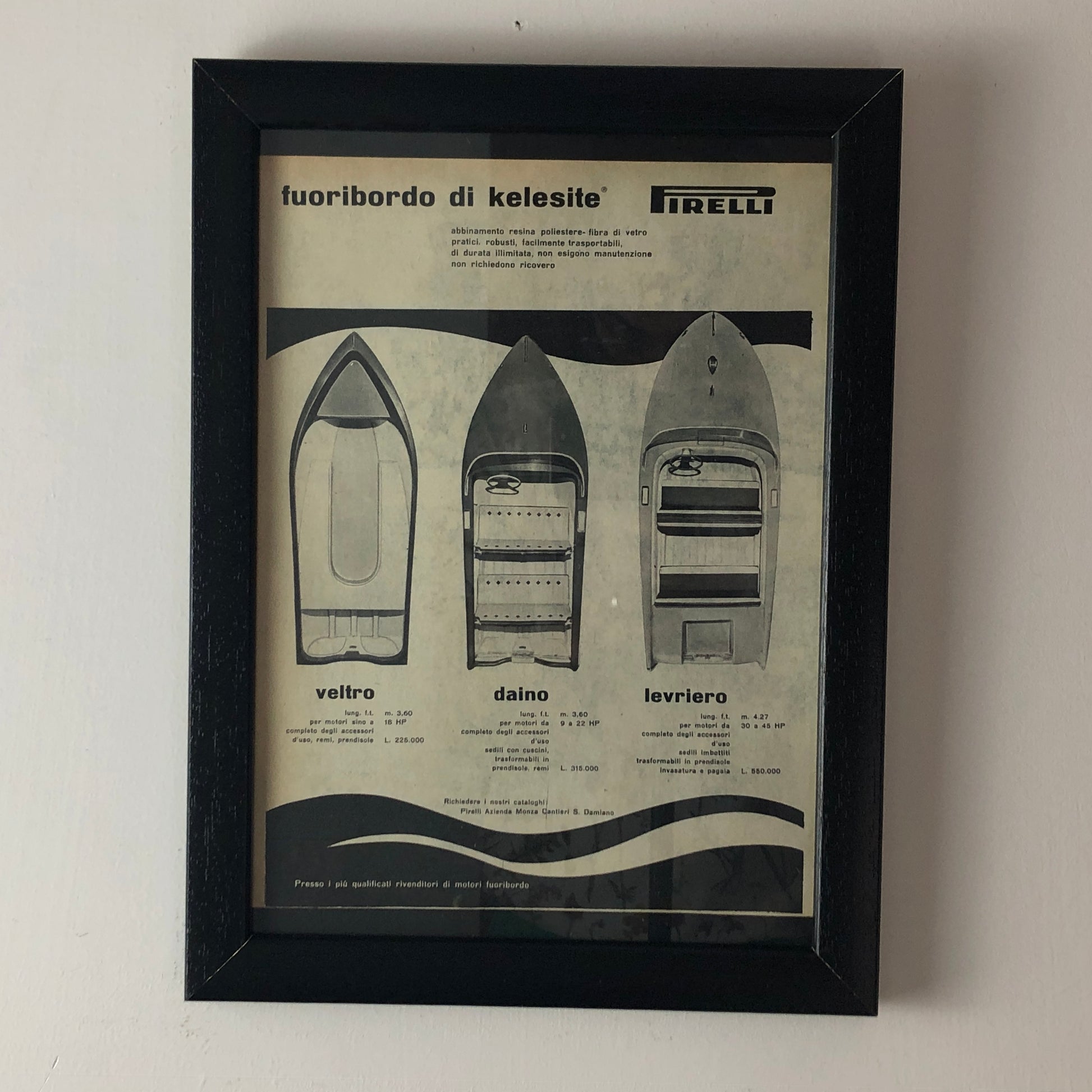 Pirelli, Pubblicità Anno 1960 Gamma Pirelli Fuoribordo di Kelesite con Listino Prezzi - Raggi's Collectibles' Automotive Art