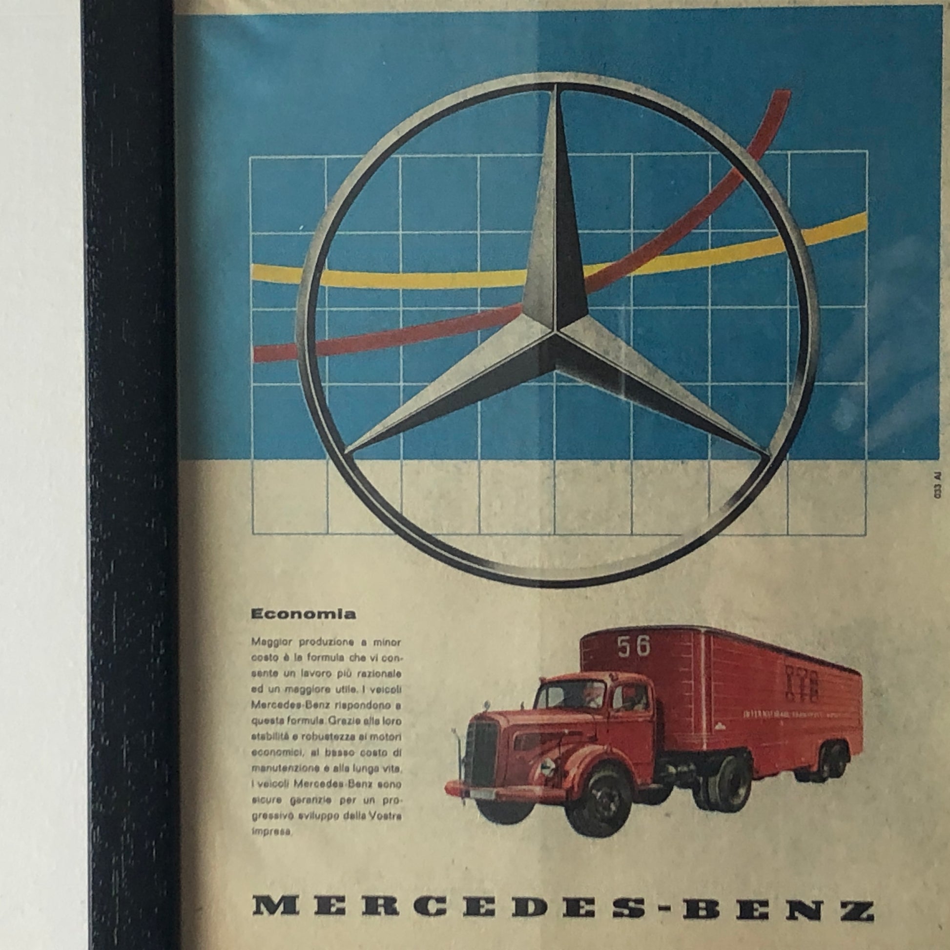 Mercedes-Benz, Pubblicità Anno 1960 Economia Mercedes-Benz Truck con Didascalia in Italiano - Raggi's Collectibles' Automotive Art