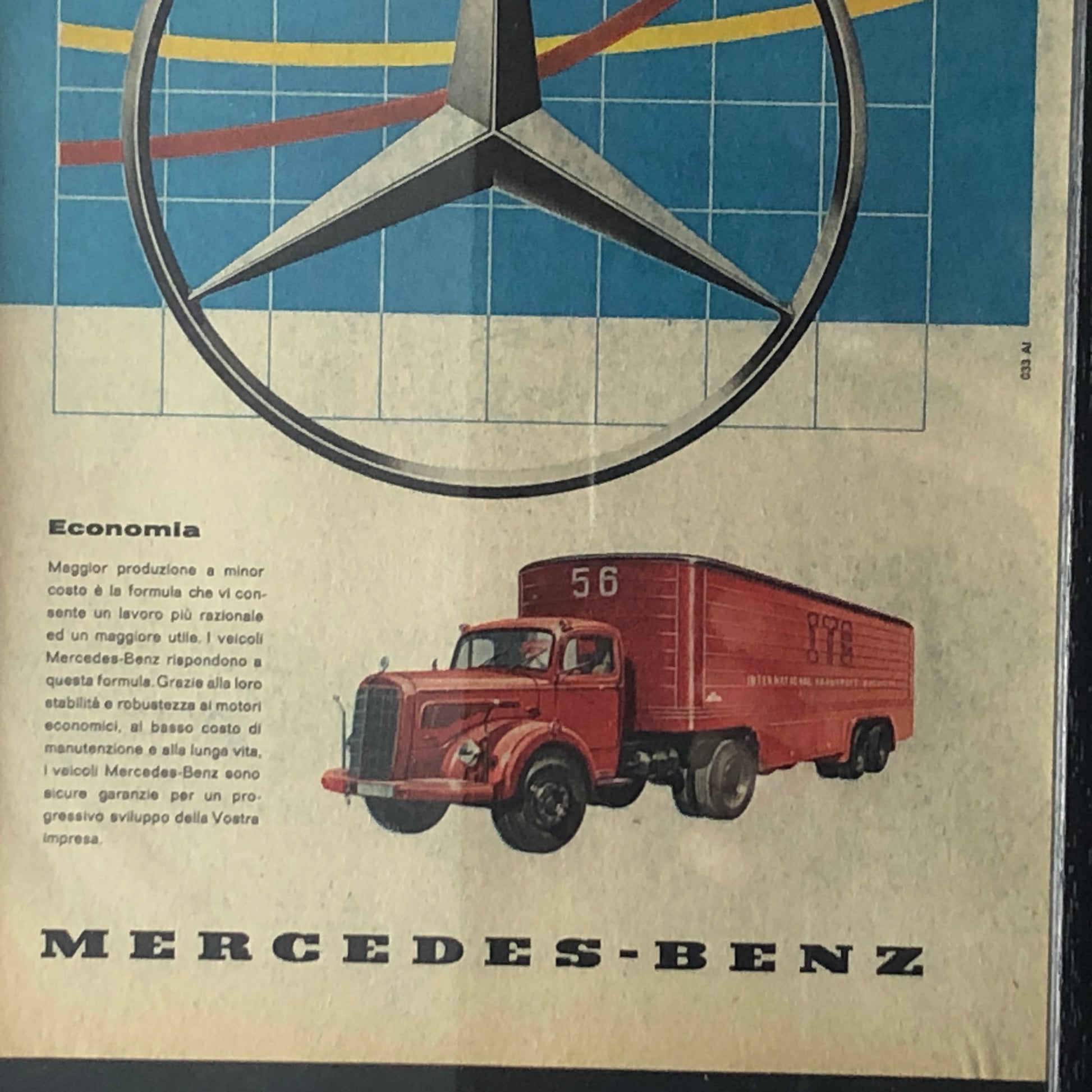 Mercedes-Benz, Pubblicità Anno 1960 Economia Mercedes-Benz Truck con Didascalia in Italiano - Raggi's Collectibles' Automotive Art