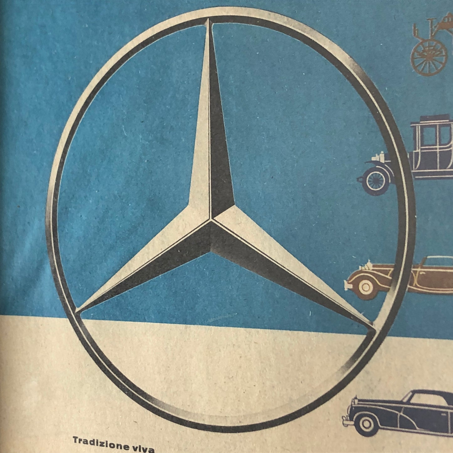 Mercedes-Benz, Pubblicità Anno 1960 Tradizione Viva Mercedes-Benz con Didascalia in Italiano