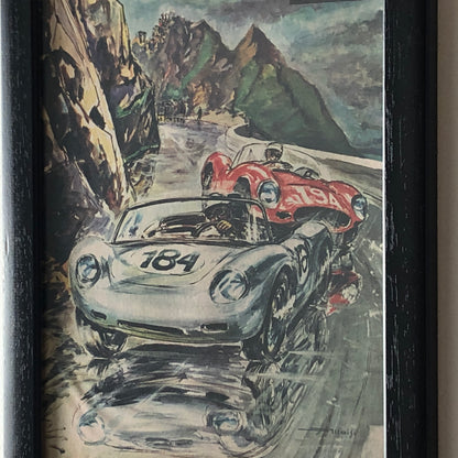 Targa Florio, Illustrazione di Giovanni Alloisi Anno 1960 44° Targa Florio Porsche 718 RS Spyder Bonnier Ferrari Dino 276 S Von Trips - Raggi's Collectibles' Automotive Art