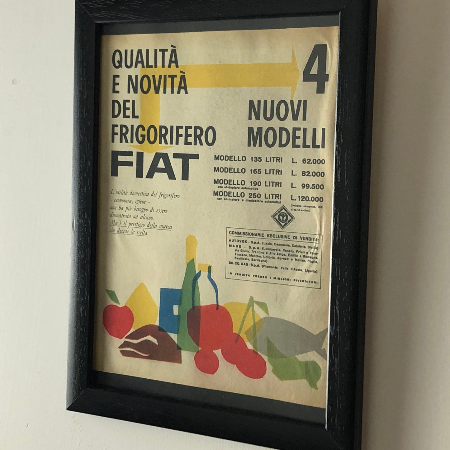 Fiat, Pubblicità Anno 1960 Gamma Frigorifero FIAT con Listino Prezzi e Didascalia in Italiano