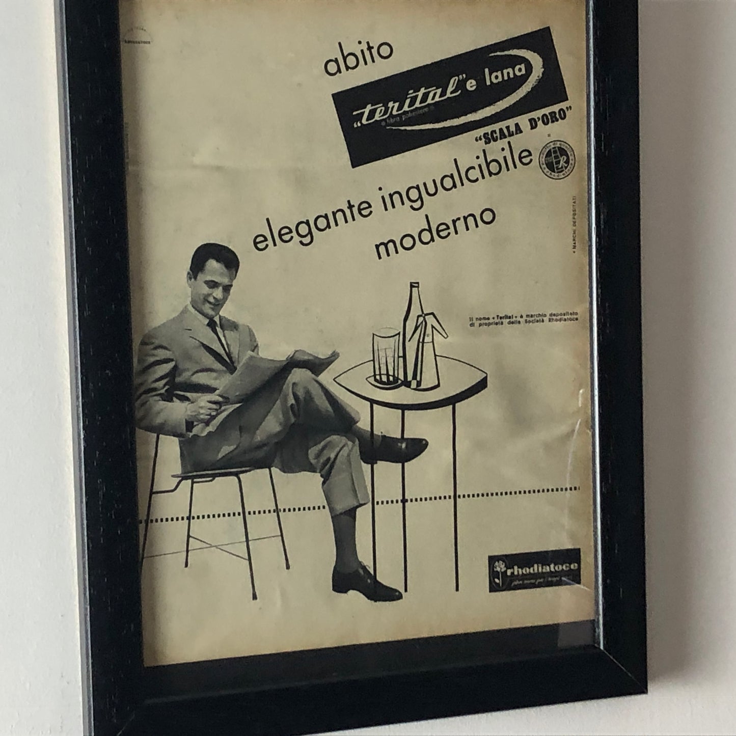 Rhodiatoce, Advertising Year 1960 Dress in Terital and Wool Rhodiatoce with Caption in Italian