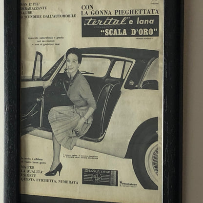 Rhodiatoce, Pubblicità Anno 1960 Gonna in Terital e Lana Rhodiatoce con Didascalia in Italiano - Raggi's Collectibles' Automotive Art