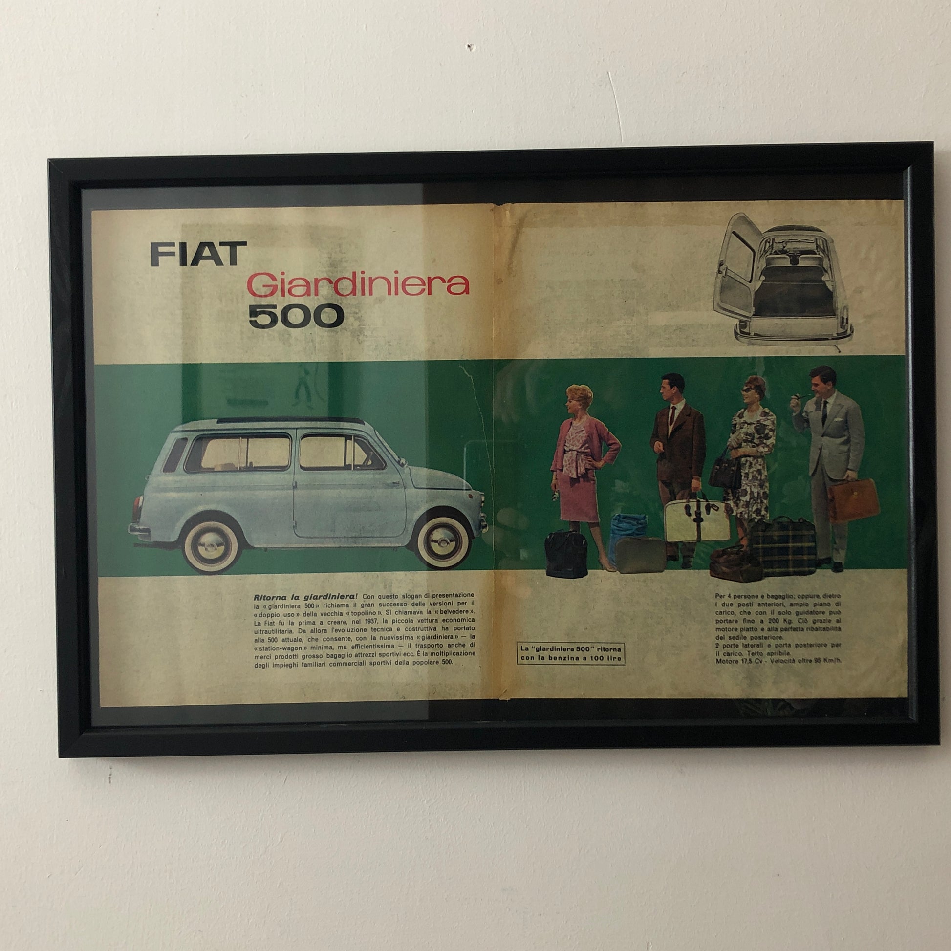 Fiat Pubblicità Anno 1960 FIAT 500 Giardiniera con Didascalia in Italiano - Raggi's Collectibles' Automotive Art