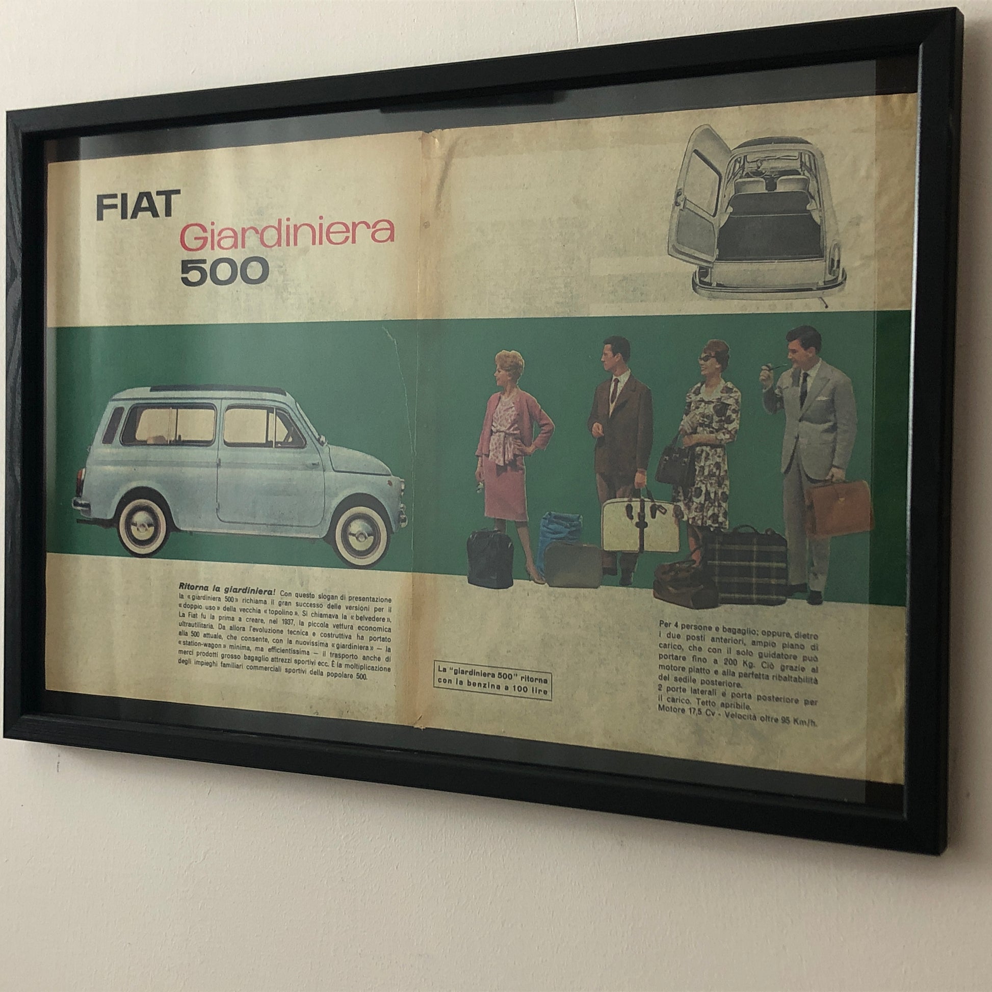 Fiat Pubblicità Anno 1960 FIAT 500 Giardiniera con Didascalia in Italiano - Raggi's Collectibles' Automotive Art