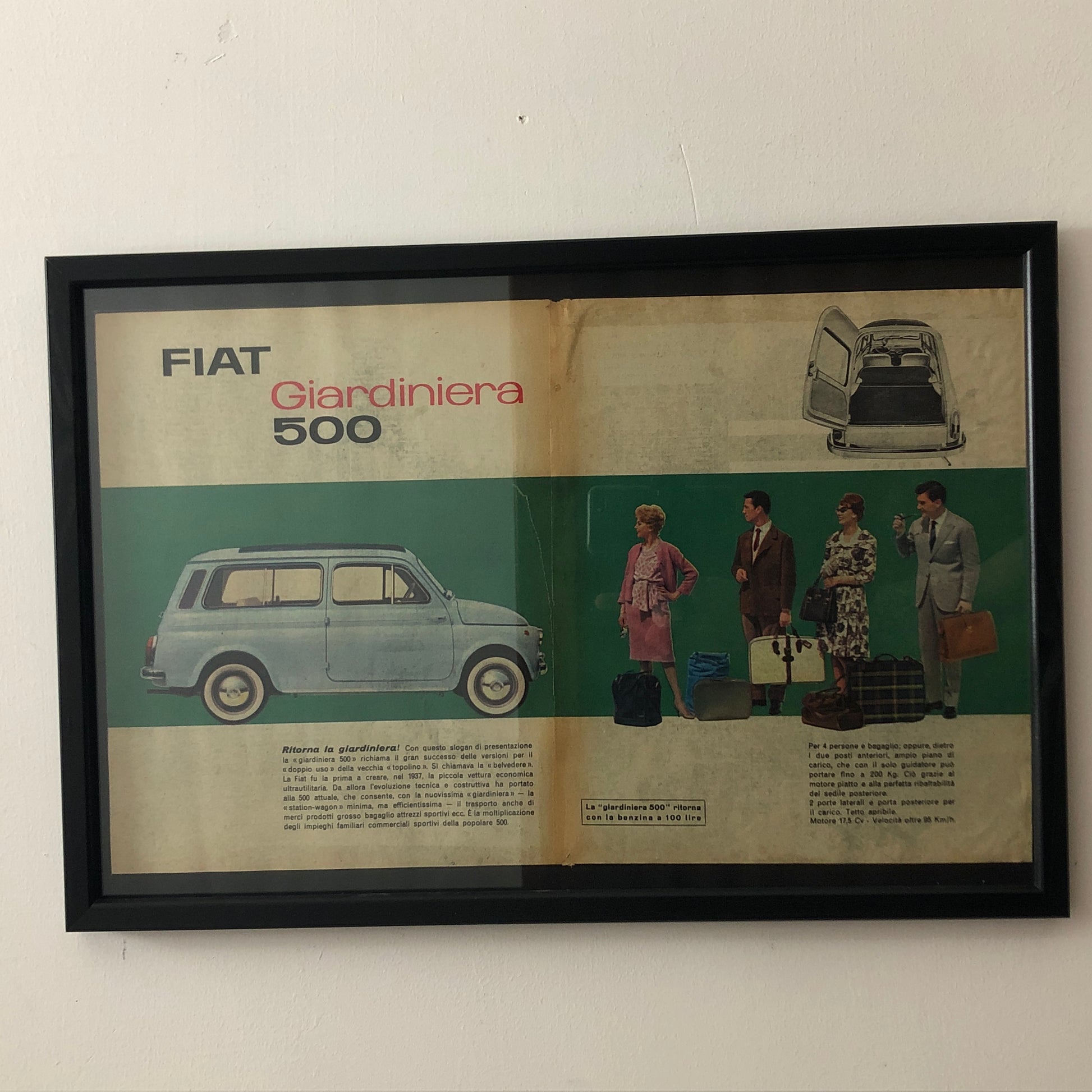 Fiat Pubblicità Anno 1960 FIAT 500 Giardiniera con Didascalia in Italiano - Raggi's Collectibles' Automotive Art