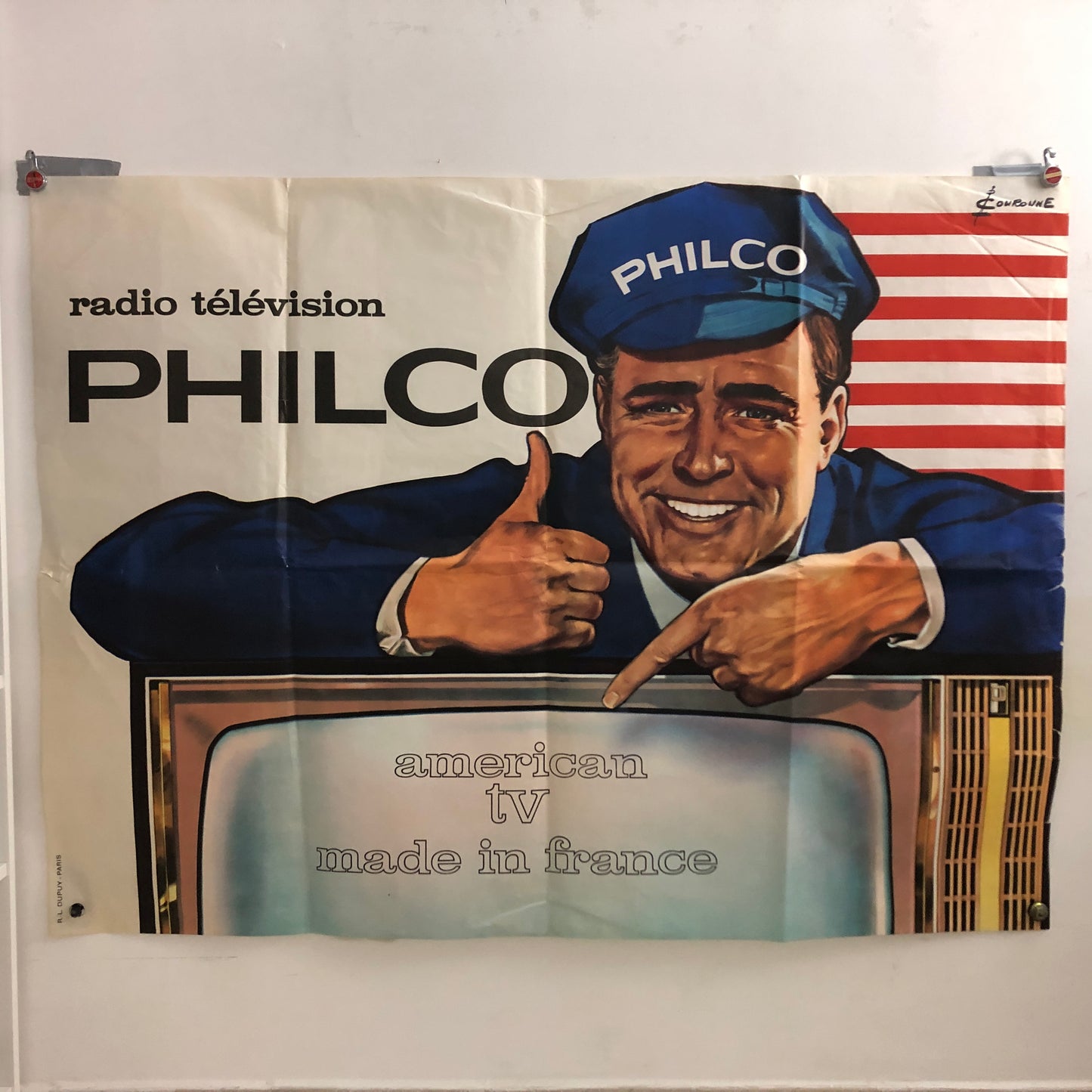 Philco, Pubblicità Manifesto Pubblicitario Philco Disegnato da Pierre Couronne e Stampata da R.L. Dupuy. Anni '50 '60