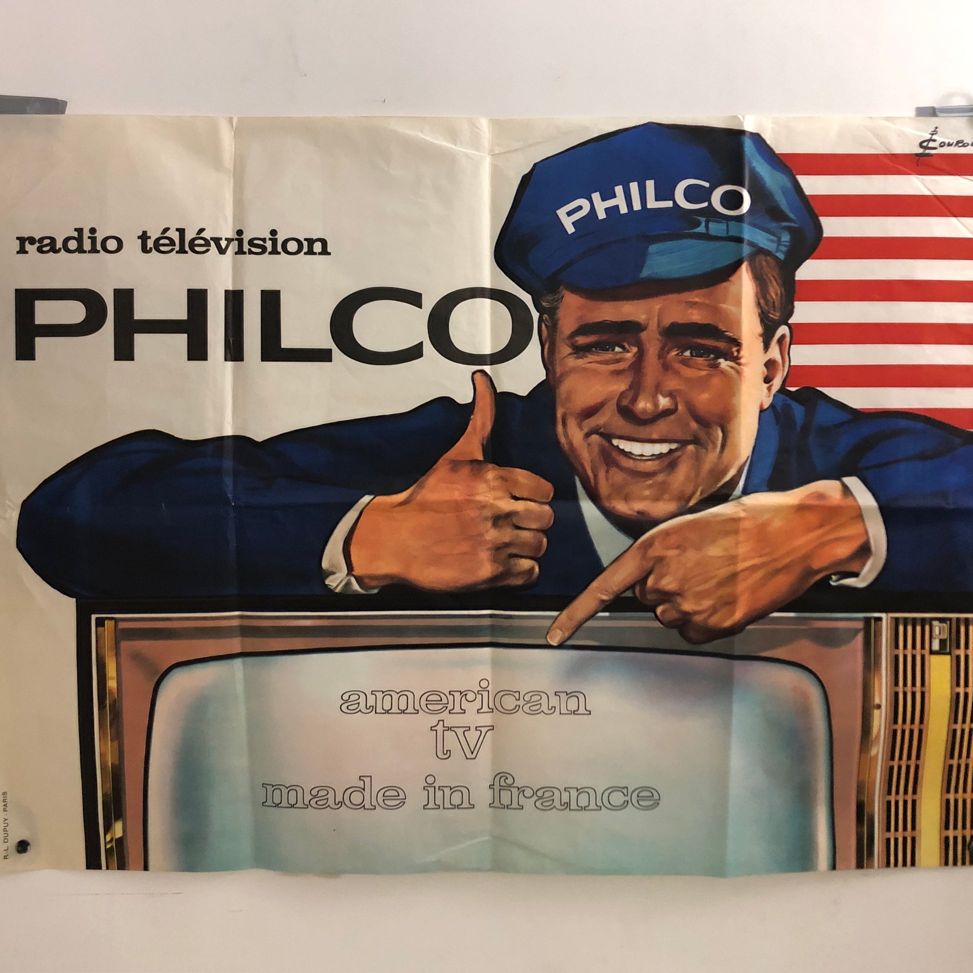 Philco, Pubblicità Manifesto Pubblicitario Philco Disegnato da Pierre Couronne e Stampata da R.L. Dupuy. Anni '50 '60 - Raggi's Collectibles' Automotive Art