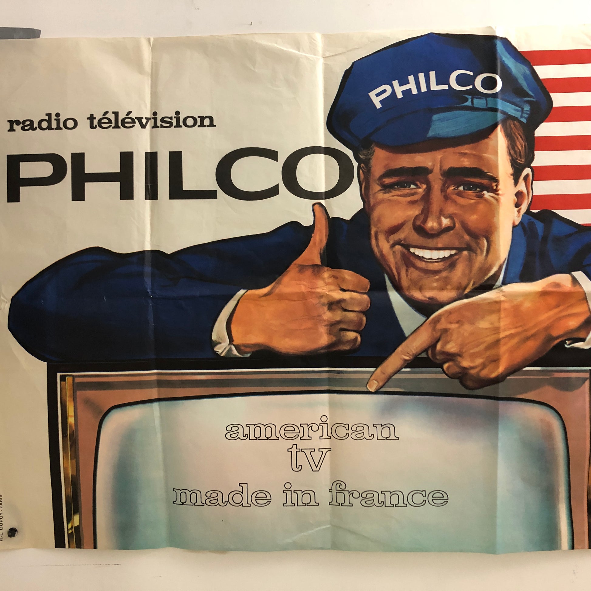 Philco, Pubblicità Manifesto Pubblicitario Philco Disegnato da Pierre Couronne e Stampata da R.L. Dupuy. Anni '50 '60 - Raggi's Collectibles' Automotive Art