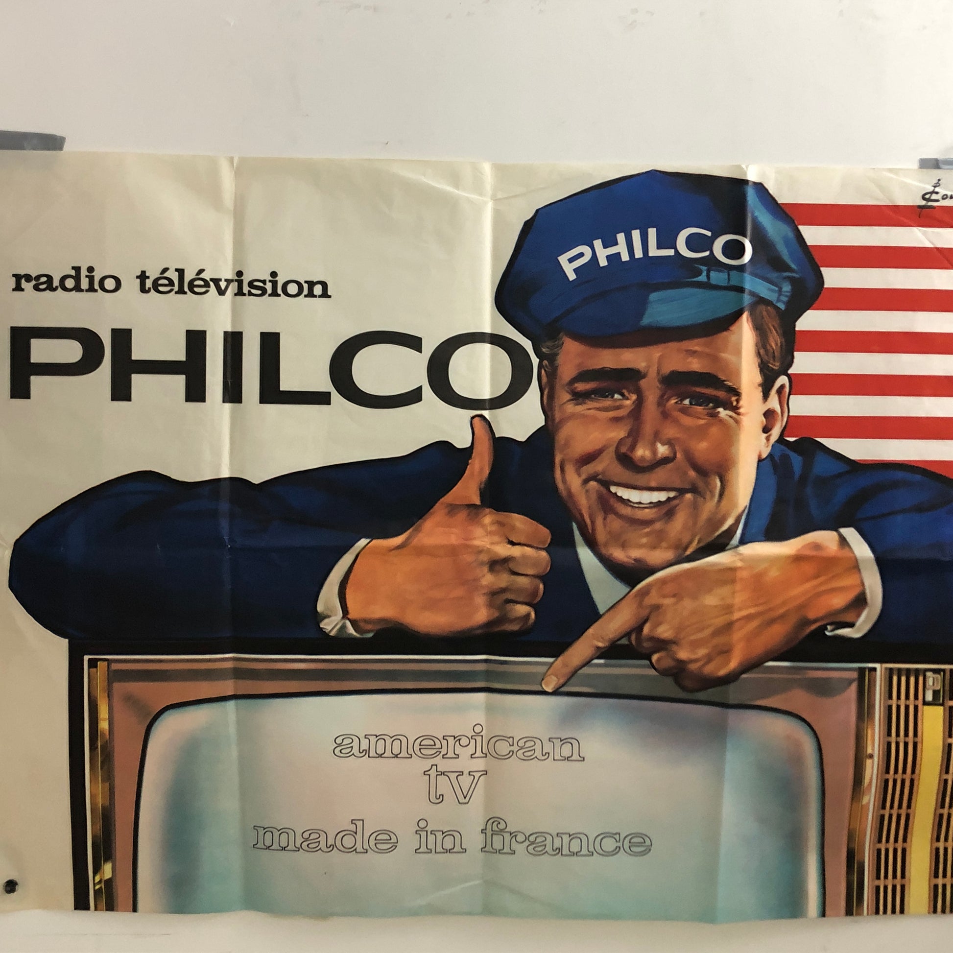 Philco, Pubblicità Manifesto Pubblicitario Philco Disegnato da Pierre Couronne e Stampata da R.L. Dupuy. Anni '50 '60 - Raggi's Collectibles' Automotive Art