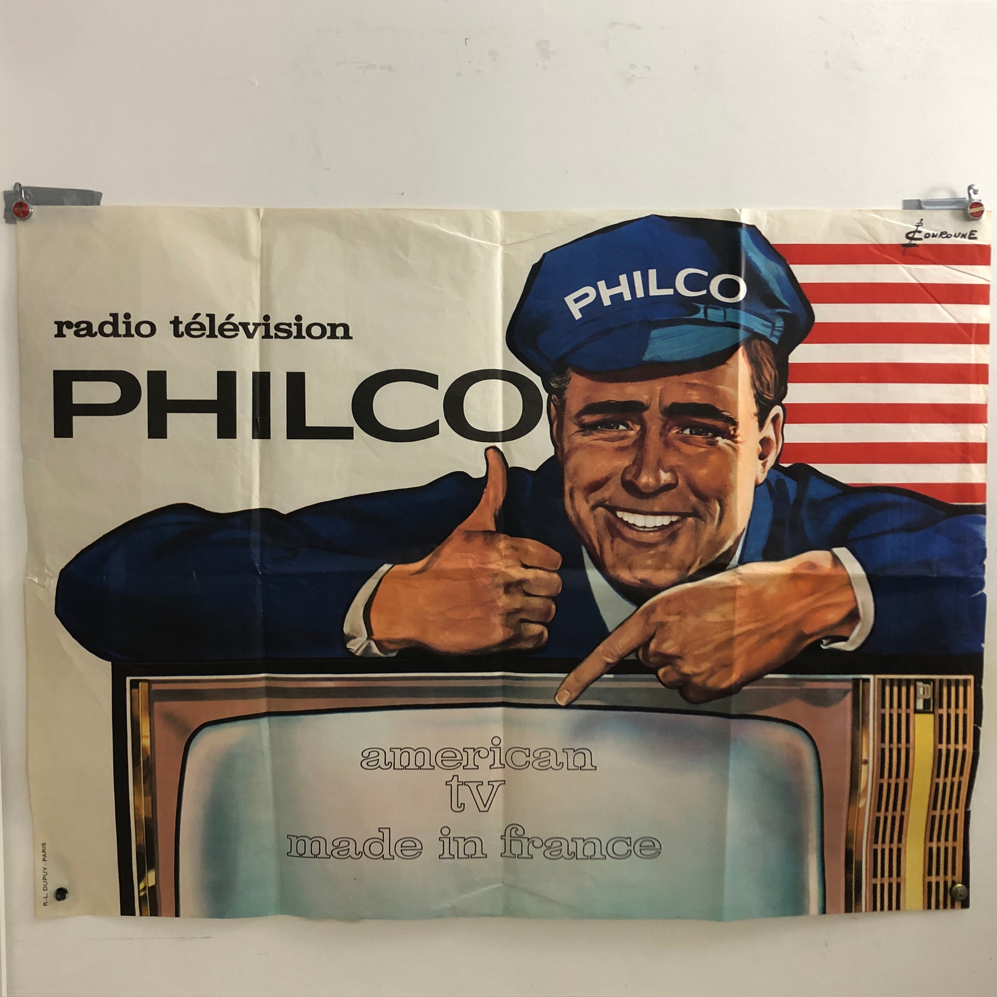 Philco, Pubblicità Manifesto Pubblicitario Philco Disegnato da Pierre Couronne e Stampata da R.L. Dupuy. Anni '50 '60 - Raggi's Collectibles' Automotive Art